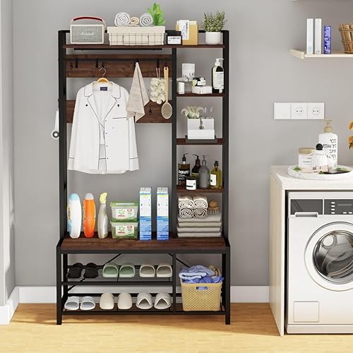 Miniatura 8 de BON AUGURE Árbol de pasillo con almacenamiento de zapatos, banco de entrada reversible 5 en 1 con ganchos para abrigos para pasillo, perchero de