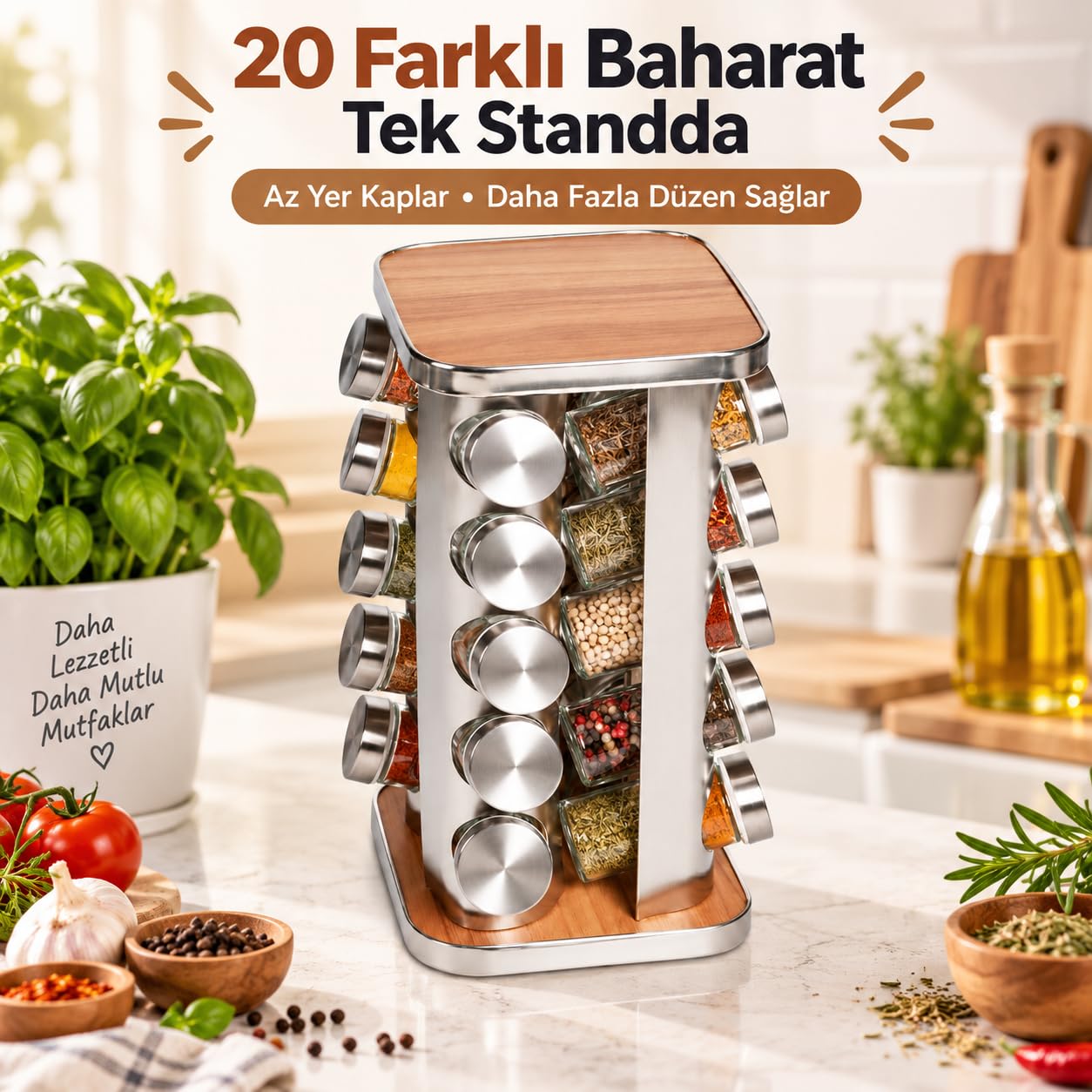 20’li Ahşap Detaylı Döner Baharatlık Seti, Paslanmaz Çelik Gövde, Cam Kavanozlu 360° Döner Stand, Kare Tasarım, Modern Mutfak Organizeri