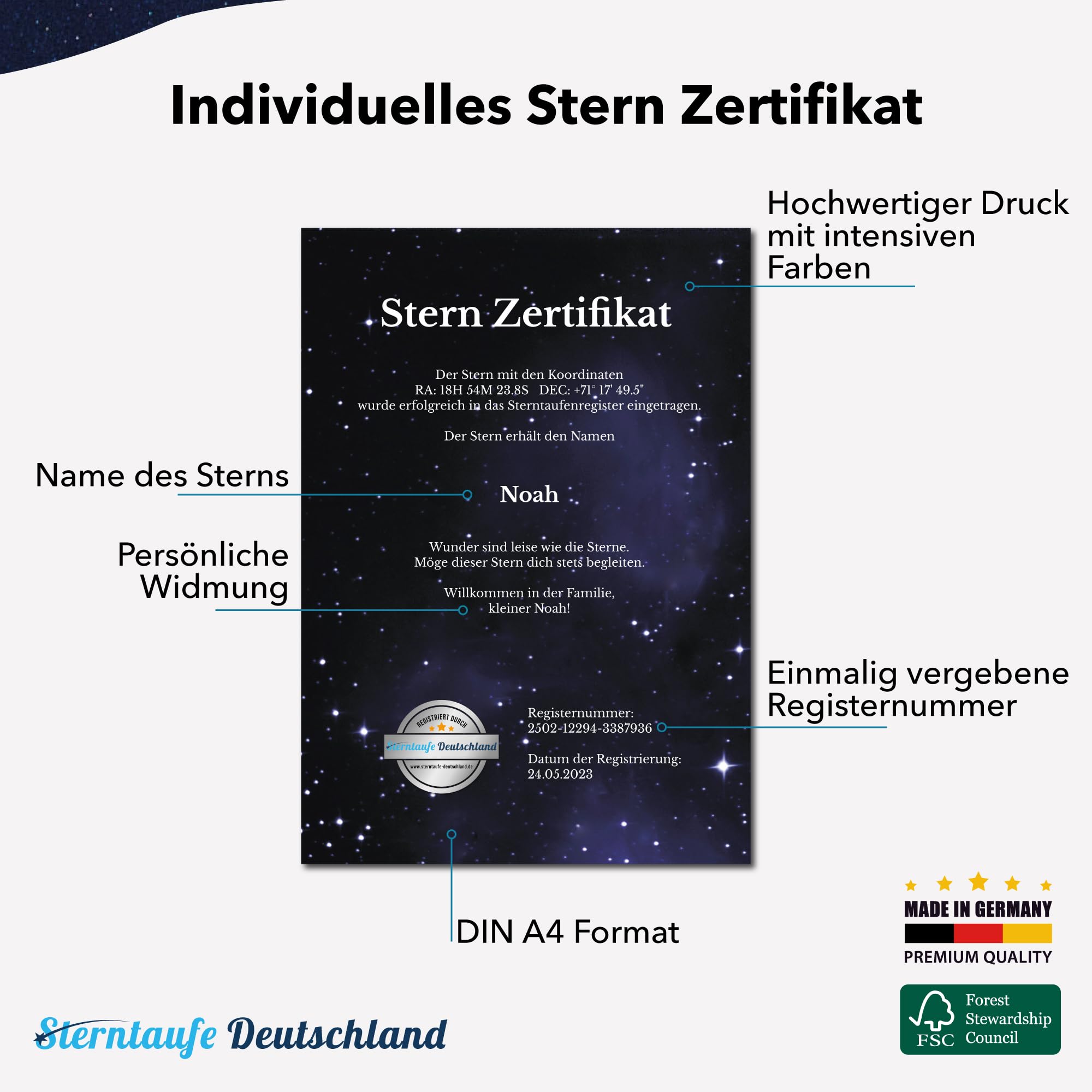 Sterntaufe - Personalisiertes Taufgeschenk für Mädchen & Jungen mit Zertifikat & Planetarium App - Einzigartiges und Symbolisches Geschenk zur Taufe