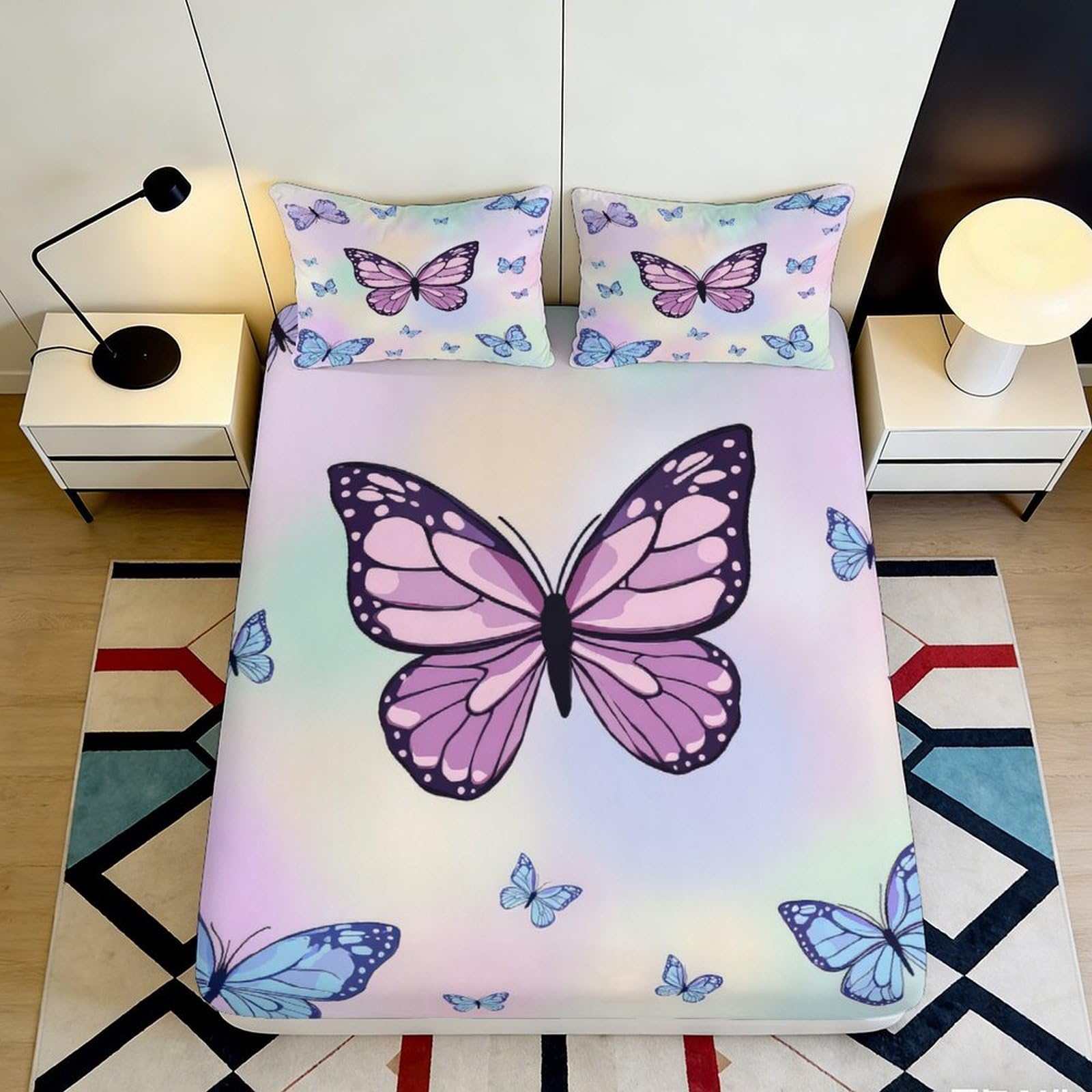 3D Printed Butterfly Fitted Sheet Microfiber Deep Pocket Bedroom Bedding Butterfly Mattress Fitted Cover Non-Slip Washable 200x200x25cm 90x200x25cm