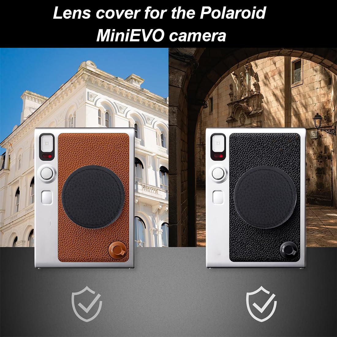 Copriobiettivo in Metallo per Fotocamera Mini EVO, Accessori Mini EVO in Alluminio, con Superficie in Pelle e Morbido Interno Eva, Nero