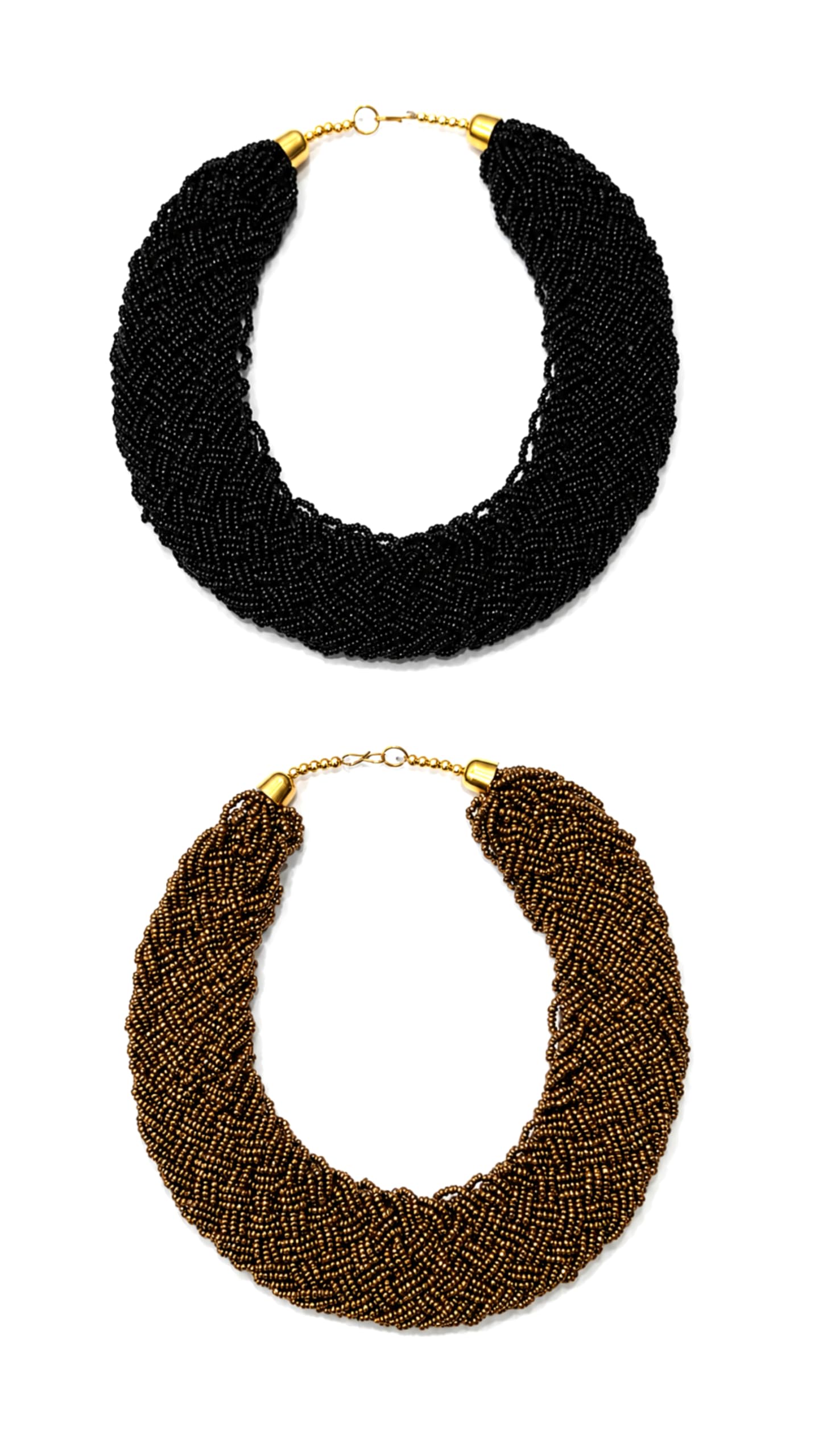Braided Seed Bead Choker Necklace Combo, Black and Bronze, Multi-Strand Statement Collar-image-35