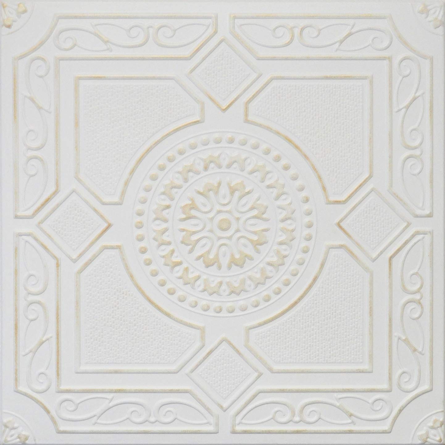 R30A White Satin Washed Gold 20x20 Amazing Styrofoam Tin Look Ceiling Tiles Easy to Glue Up On Any Type of Surface