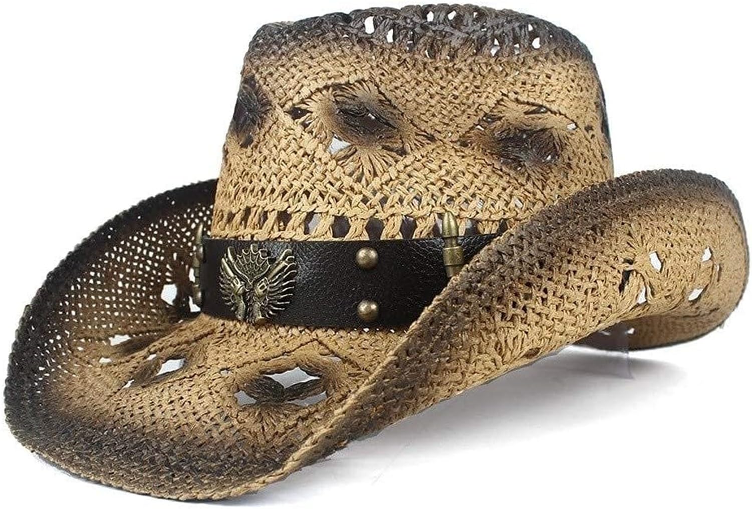 XIUNYIE Men Wide Brim Straw Hat for Summer Beach Outdoor Retro Cowgirl Western Style Hollow Weave Skull Leather Band Sun Hat Casual Fedora, Coffee, 6 7/8-7 1/8