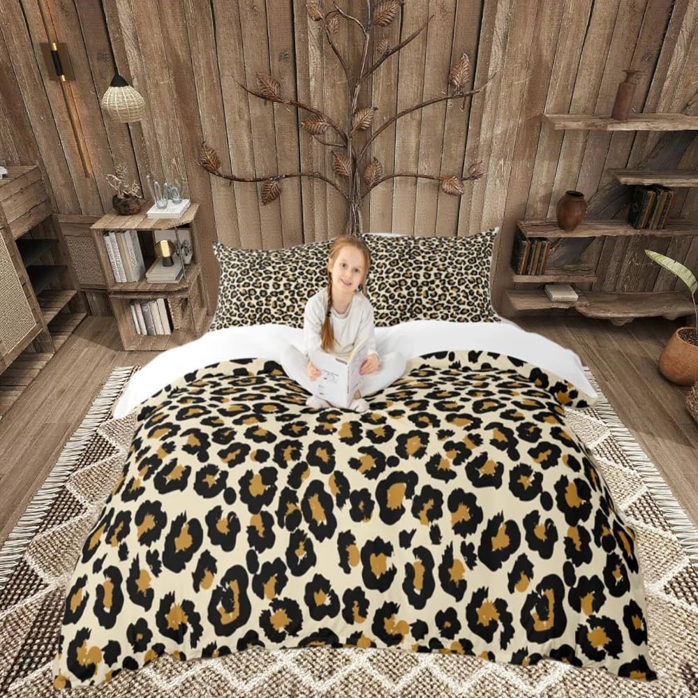 Loussiesd Women's Multi 5 Leopard Print Bedding Set For Girls Adults Chic Cheetah Print Comforter Cover Brown Wild Animal Style Duvet Cover Room Decor Wildlife Design Bedspread Cover Double Size 3Pcs