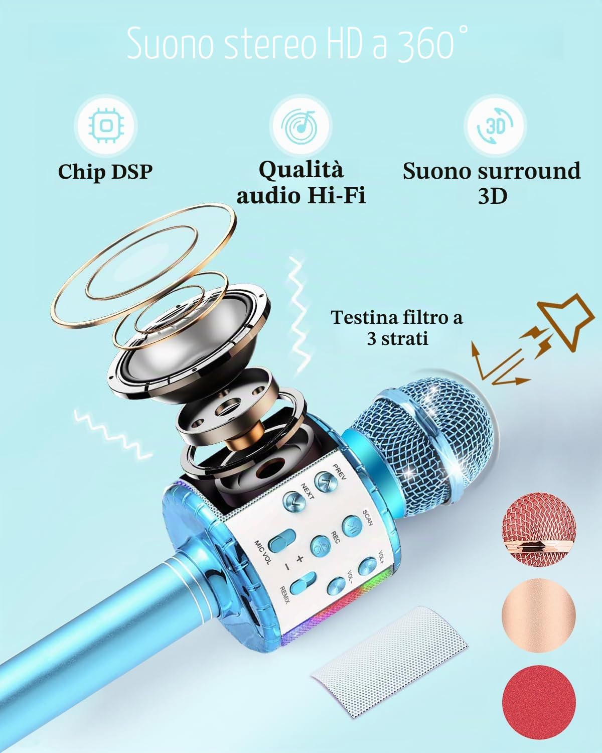 Set 2er Microfono Karaoke Bluetooth Wireless Con Luci a LED Portatili Portatili Cantanti per Altoparlanti Karaoke Giocattoli Gift per Bambini per Bambini (Con 10 Coperture Microfono Usa e Getta)