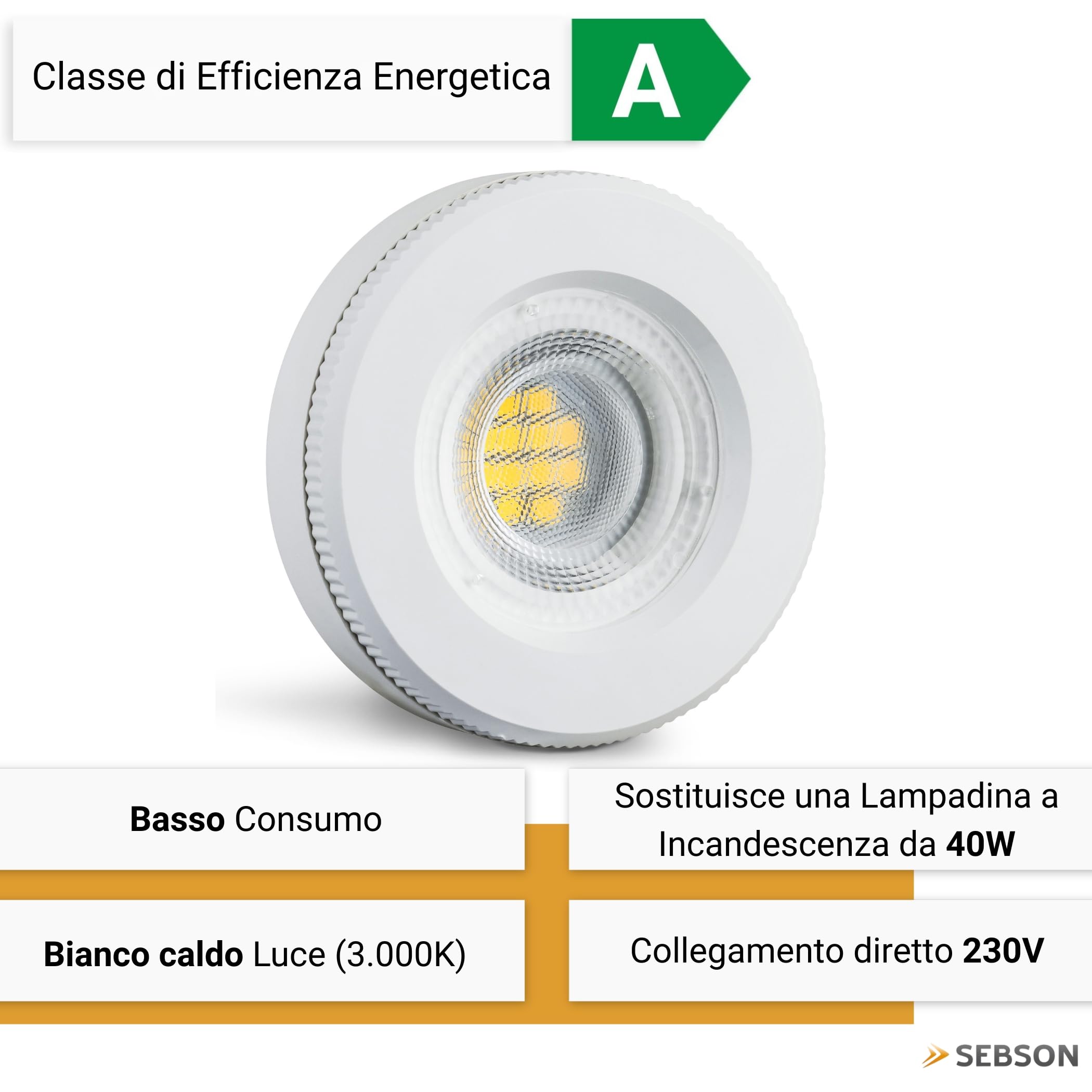 SEBSON Lampadina LED GX53 2,5W - Classe di Efficienza Energetica A | 450lm Bianco caldo 3000K, sostituisce Alogena 40W, Lampada LED piatta Ø73x27mm, 230V, Set da 10