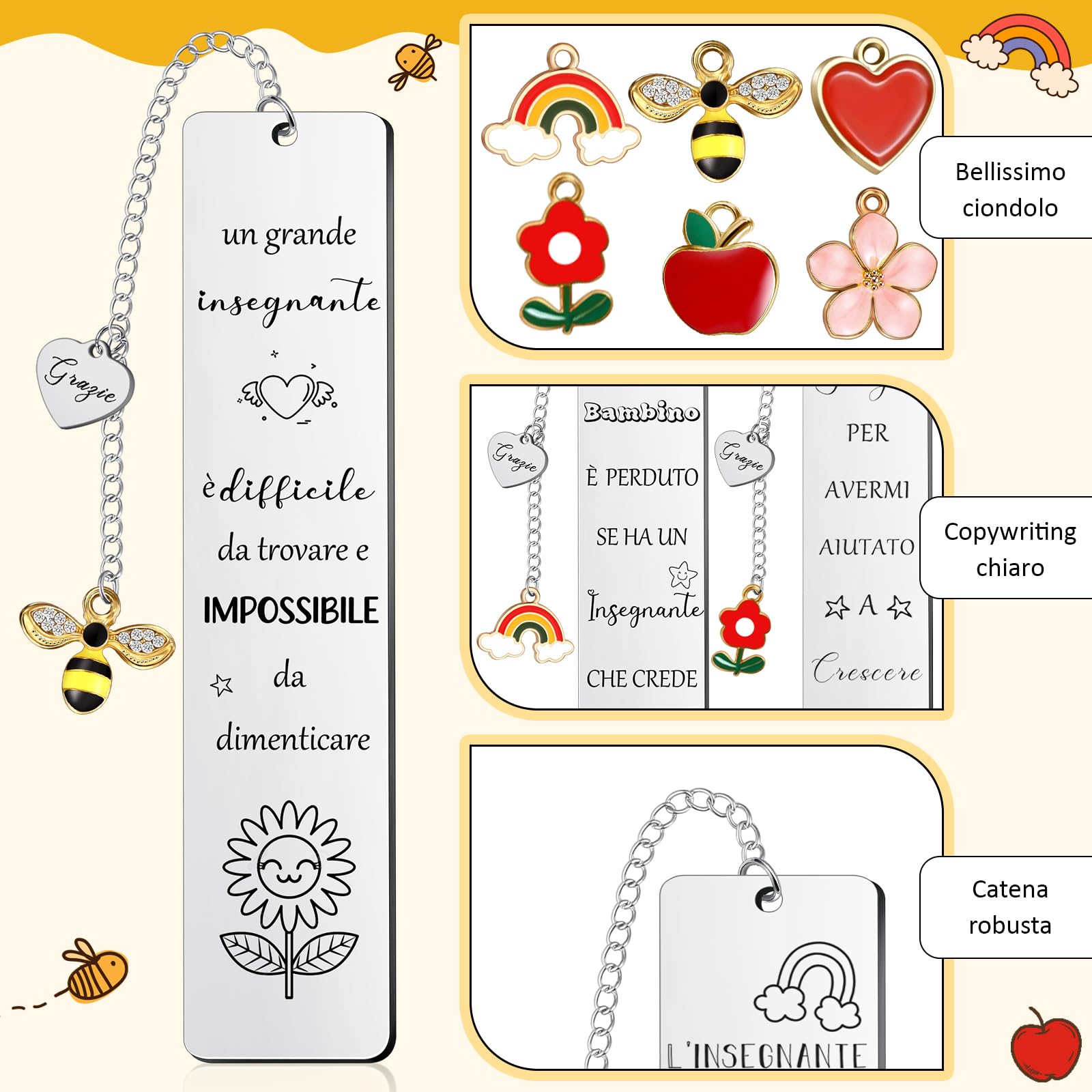 Hestya 6 Set Regali di Ringraziamento per Insegnanti Maestra 6 Borsa per Cosmetici Pochette per Trucco 6 Segnalibri 6 Portachiavi con 6 Biglietti di Auguri per Asilo Professoressa Compleanno Laurea