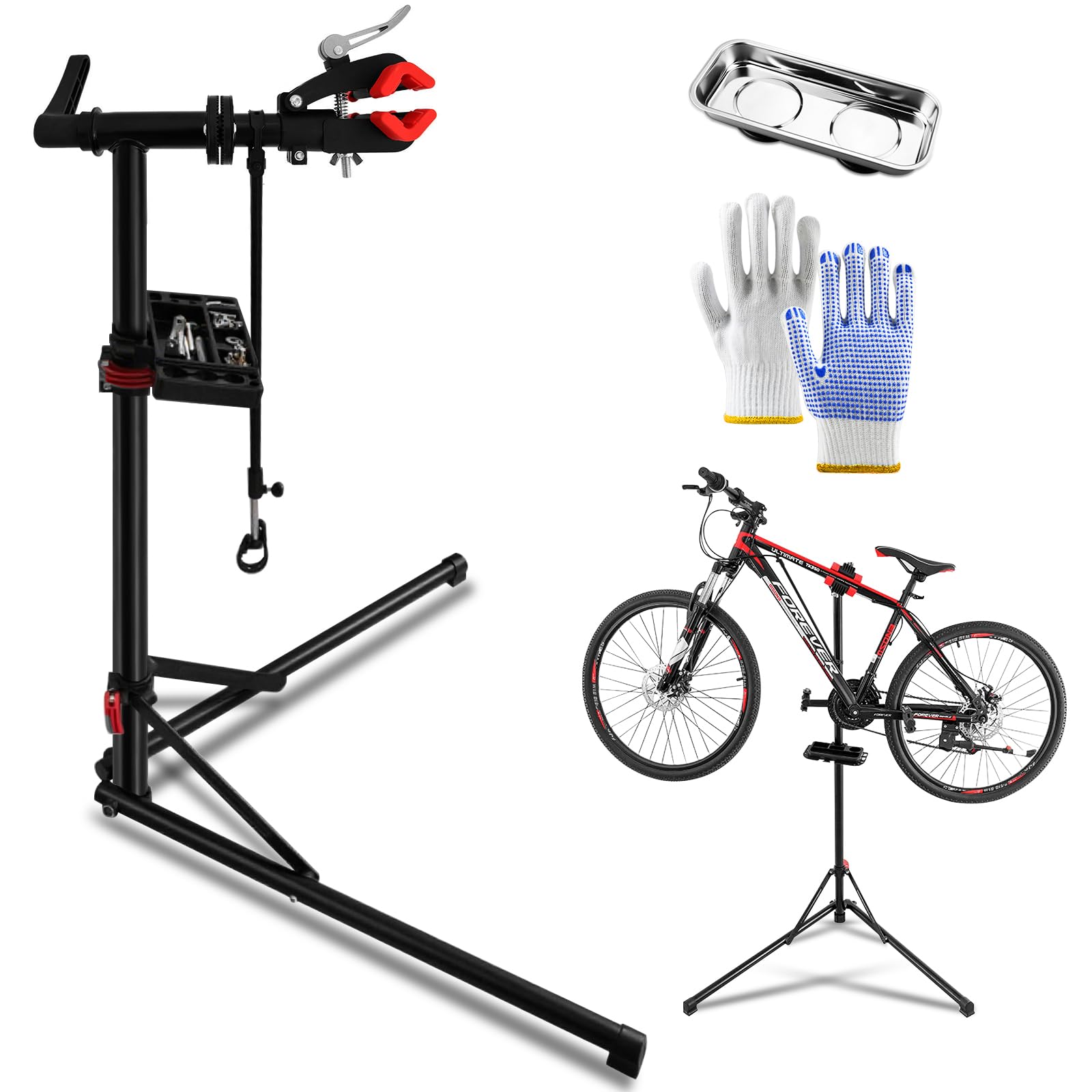 BOODPET Bicycle Repair Stand 50kg Heavy Duty – Foldable Bike Maintenance Stand with 360° Rotating Clamp, Height Adjustable 94–157cm, Magnetic Tool Tray & Gloves Included