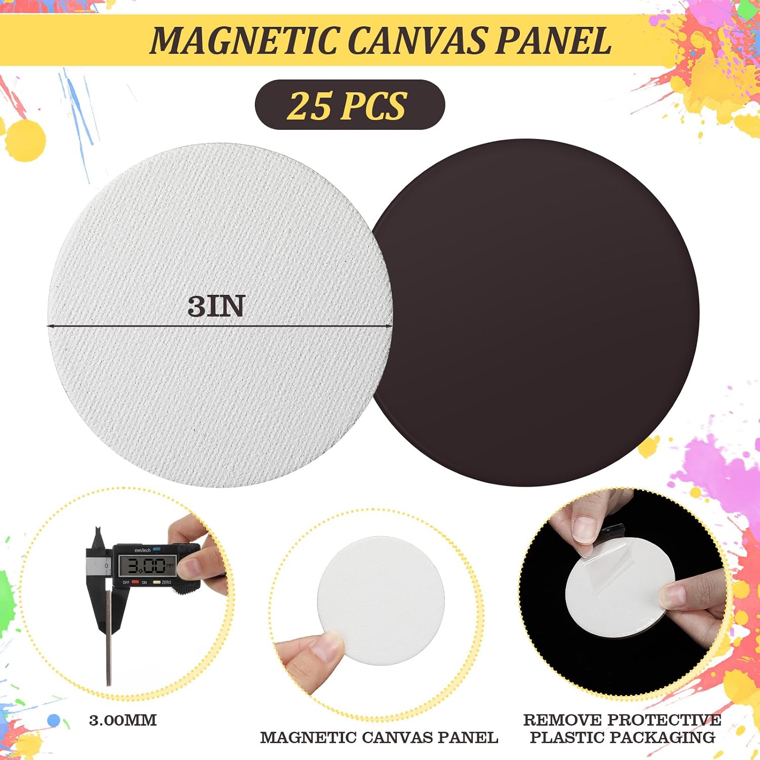 Engrowtic 25 Pcs Mini Magnetic Painting Canvas Panel Mini Canvas Boards for Painting Tile Art for Fridge Locker Art Crafts DIY(Round,3in)