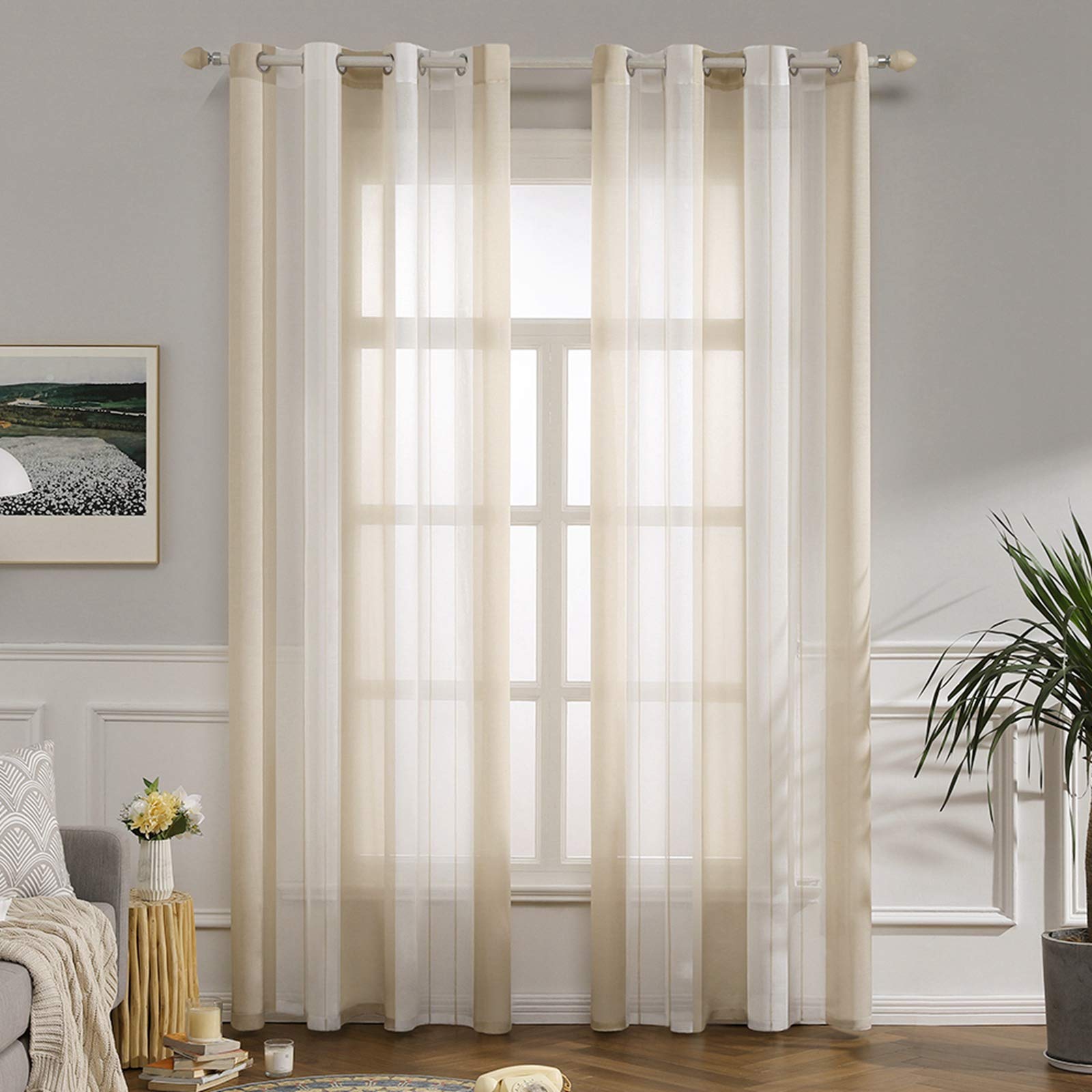 MIULEE Voile Curtains Classic Striped Curtain Translucent Soft Elegant Modern Light Filtering Transparent Eyelet Top Window Curtain Polyester for Bedroom Living Room 2 Panels 55"Wx96"L 140x245cm Beige