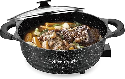 Golden Prairie - Sartén eléctrica con tapa, sartén familiar de 13 pulgadas (7 cuartos de galón), olla wok antiadherente de 1500 W, plancha interior