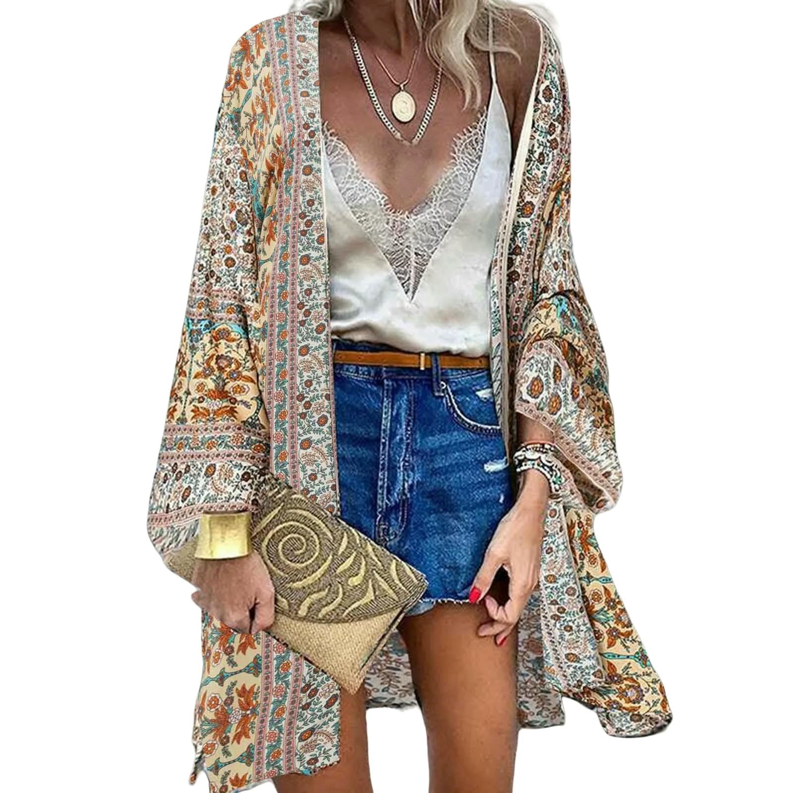 Copricostume da Spiaggia Summer Vintage Boemian Style Cardigan Casual Bikini Coprono Femmina Plus Size Kimonos Cardigans-Beige-l