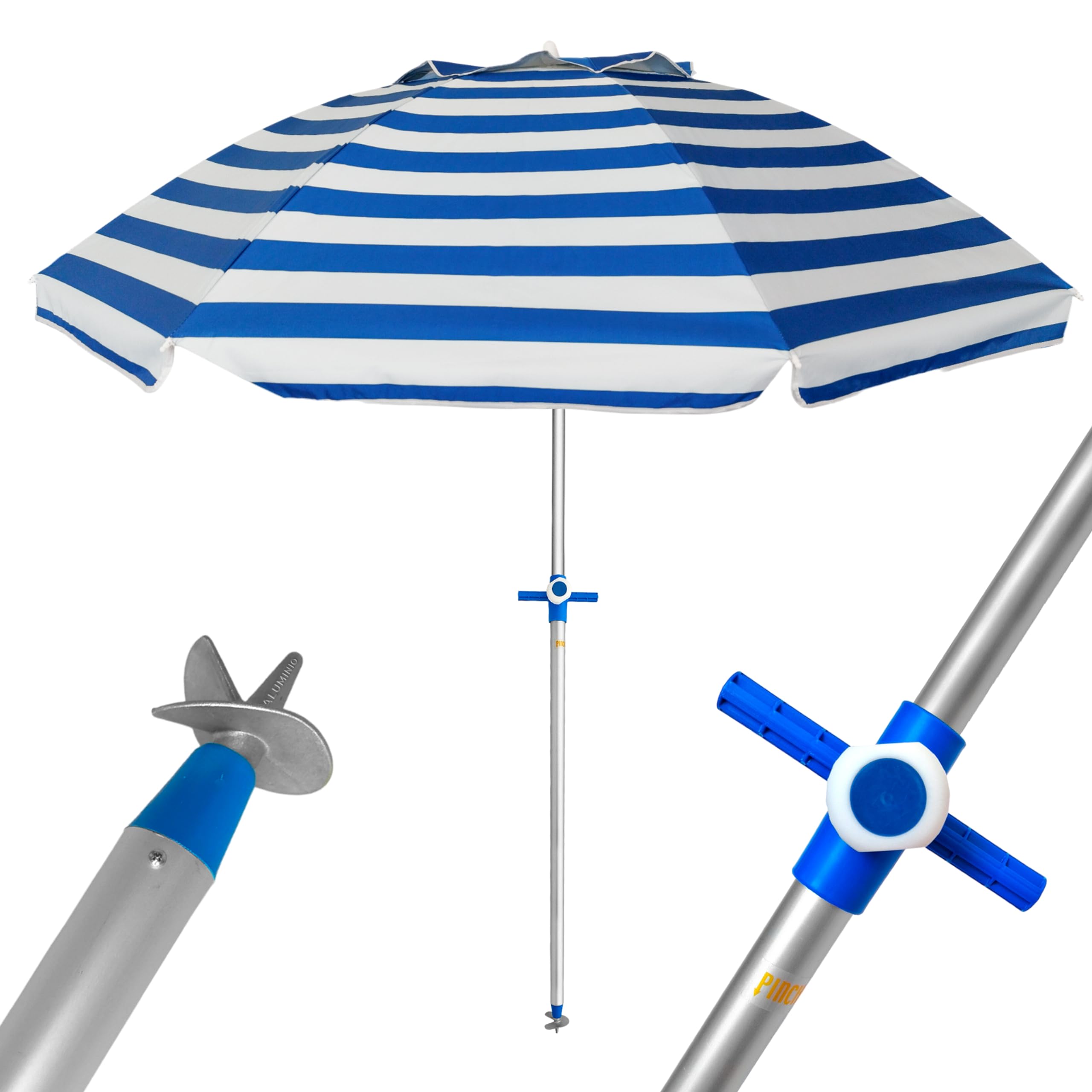 Pincho Sombrilla Playa Grande Ø200 cm, antiviento, protección UV 50, Materiales de Calidad, Tubo de Aluminio, Varillas de Fibra de Vidrio, Palo reclinable