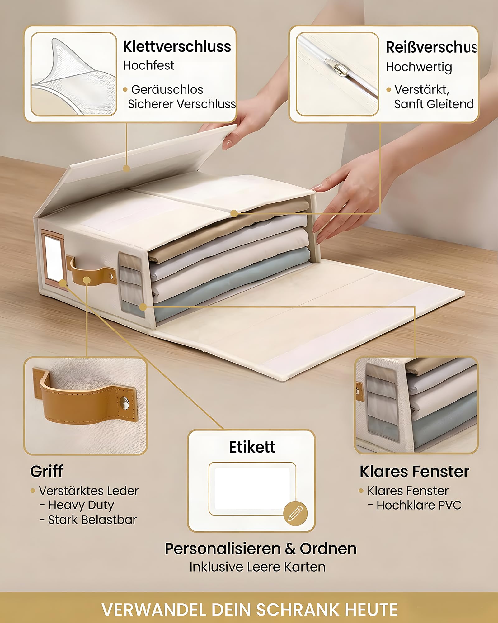SwartLife 3er Set Bettwäsche Organizer Box - Premium Leinen-Mix Betttuch Aufbewahrung für King Size Bettlaken & Decken - Faltbare Schrank Ordnungssystem mit Sichtfenster & Etikett - Cremeweiß