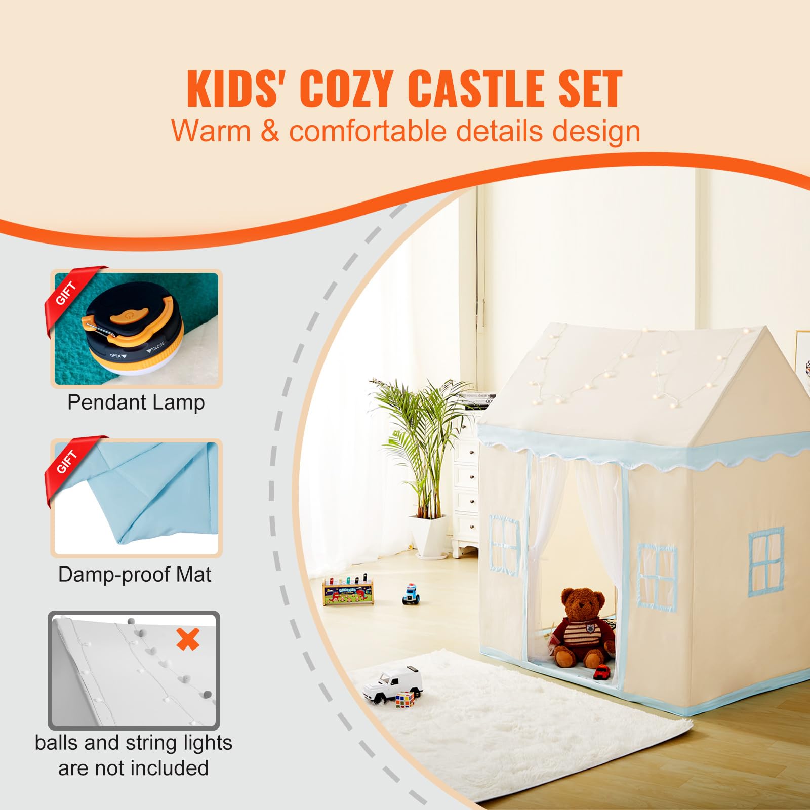 Happybuy Kids Play Tent, for 1-5 Years Old, with Mat & Tent Lamp, Windows for Indoor & Outdoor, Play House Castle Design, Beige, Ideal for Boys and Girls