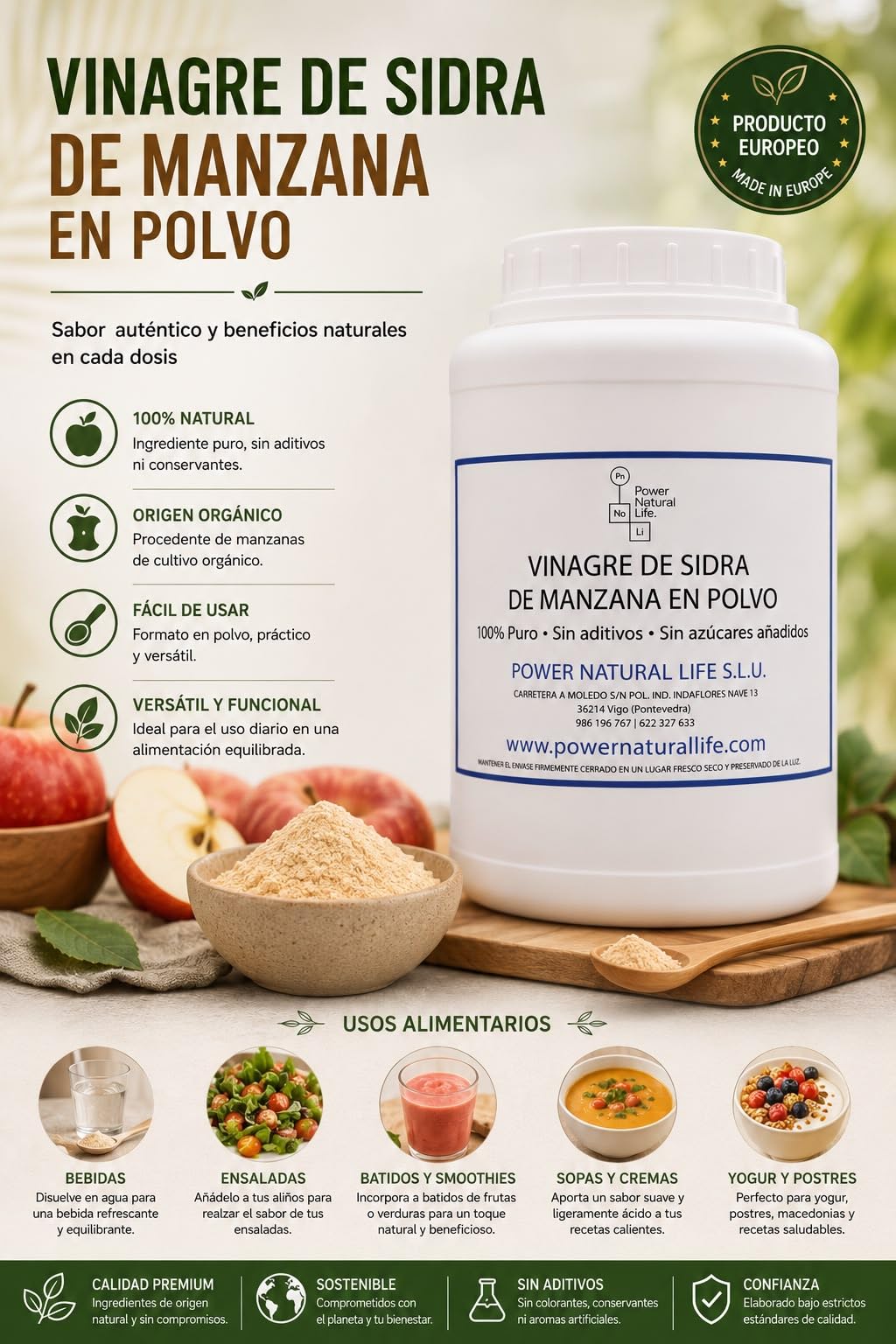 Vinagre de Sidra de Manzana (Acidez 5%) en Polvo | Power Natural Life | Bote 1 kg | Uso Alimentario | Ingrediente para Formulaciones, Condimentos y Preparaciones Alimentarias