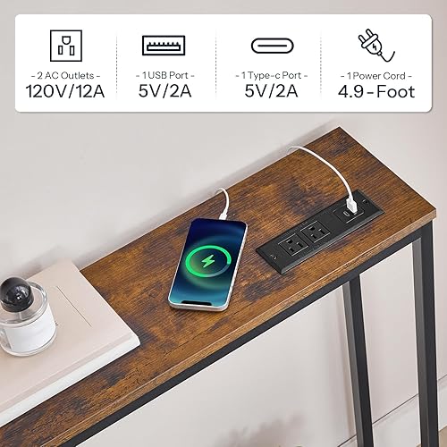 Miniatura 8 de HOOBRO Mesa consola de sofá extra larga de 70.9 pulgadas con estación de carga, mesa de 2 niveles detrás del sofá con soporte en V, para entrada