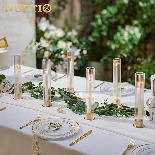 Miniatura 5 de NUPTIO Candelabro de huracán para centro de mesa juego de 10 portavelas cónicos de metal con cilindros de vidrio estriado, candelabros dorados a