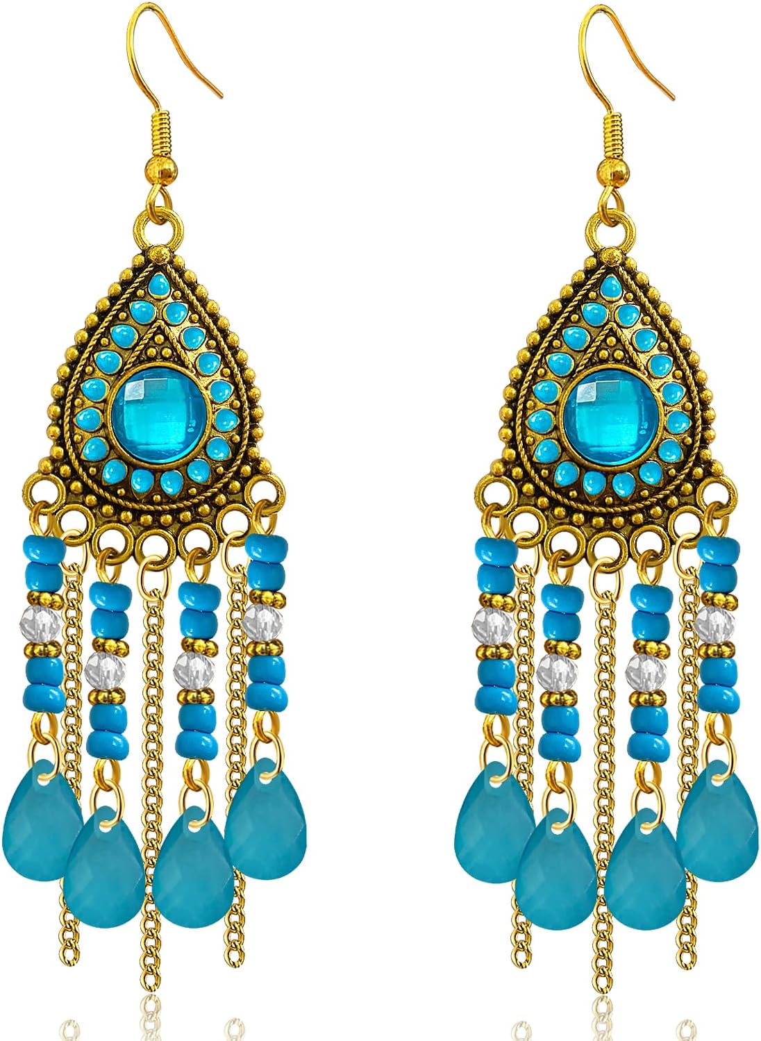 Bohemian Dainty Vintage Gold Crystal Teardrop Chandelier Lightweight Dangle Drop Earrings Retro Alloy Chain Fringe Hook Earrings For Women Jewelry Gifts
