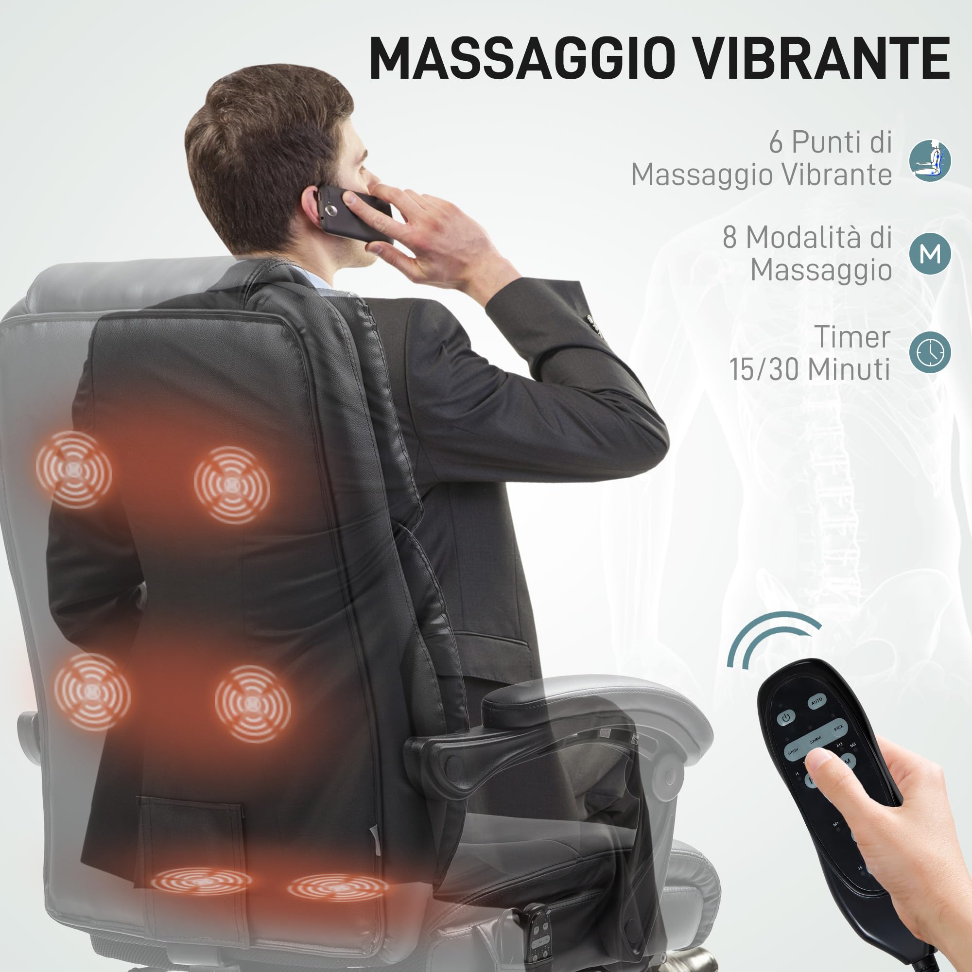 HOMCOM Sedia da Ufficio Poltrona con Massaggio Riscaldata Reclinabile Nero | Poltrona da Ufficio con Poggiapiedi Estraibile, Sedia per Scrivania in Pelle PU con Seduta Girevole