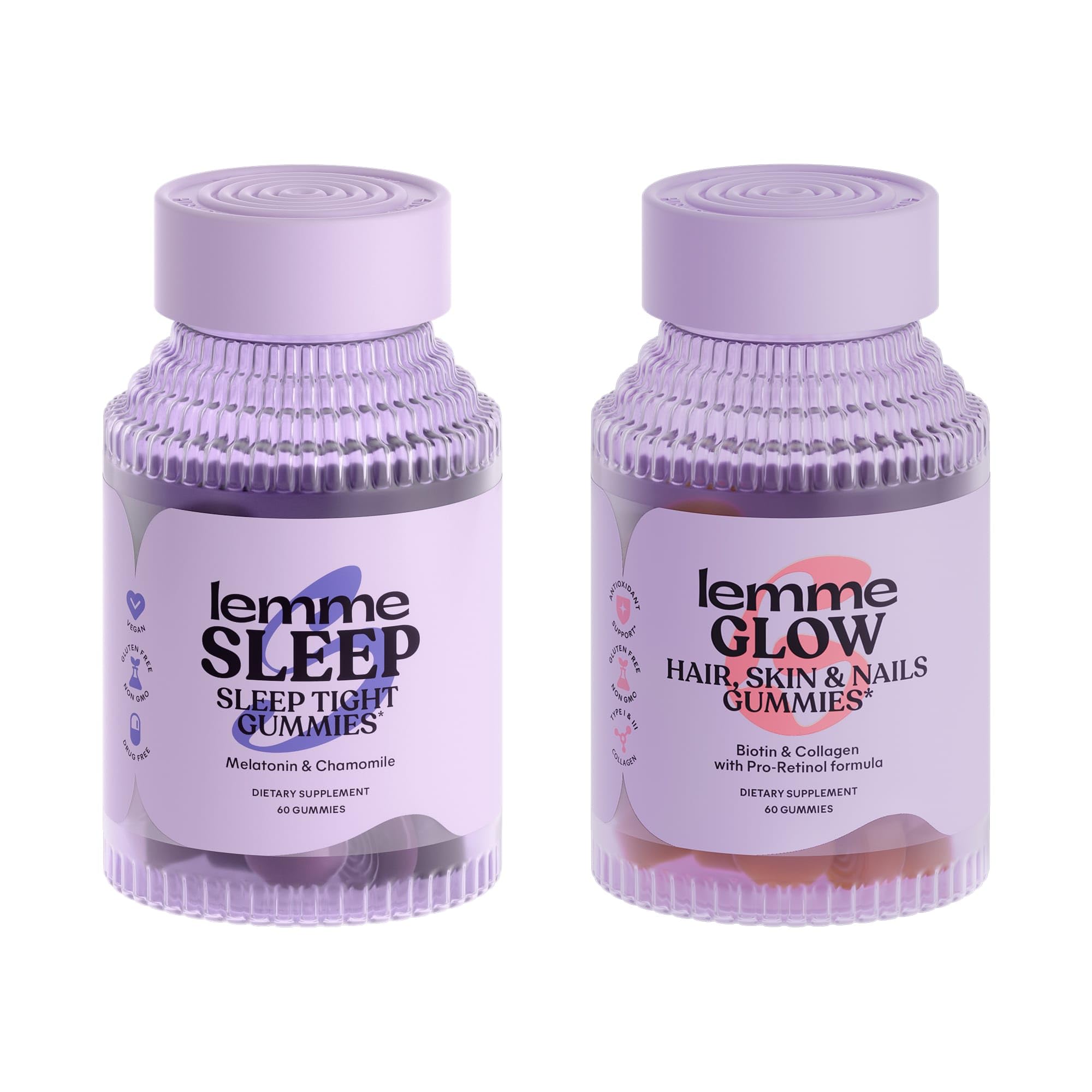 Sleep & Glow Bundle - Sleep Gummies, a Drug-Free Nighttime Aid & Glow Biotin & Collagen Hair Gummies for Strong, Thick Hair & Reduced Shedding - Gluten/Gelatin Free, Non-GMO - 60 Ct. Each