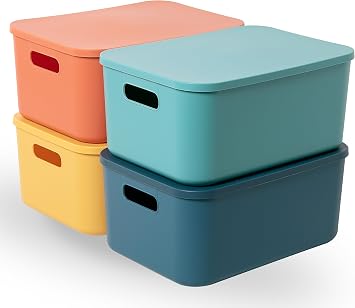 Plastic Storage Boxes with Lids Stackable Storage Basket 4 Pack