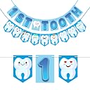 Wobbox 1st Cartoon Tooth Bunting Banner, Blue Colour Gredient with Stylish Font, First Tooth Decoartion, Happy Birthday Decoration gallery image