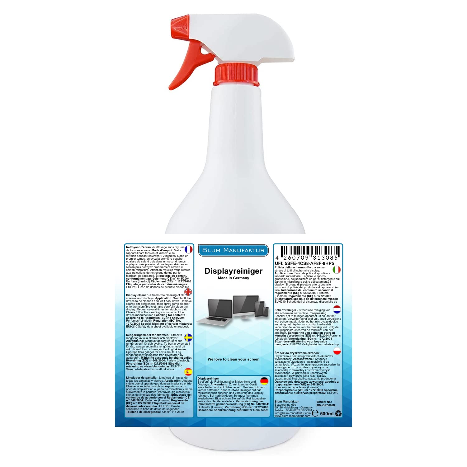 Blum Manufaktur - Detergente display da 500 ml + panno in microfibra 30 x 30 cm - Pulitore schermo per una pulizia senza striature di tutti gli schermi e display.