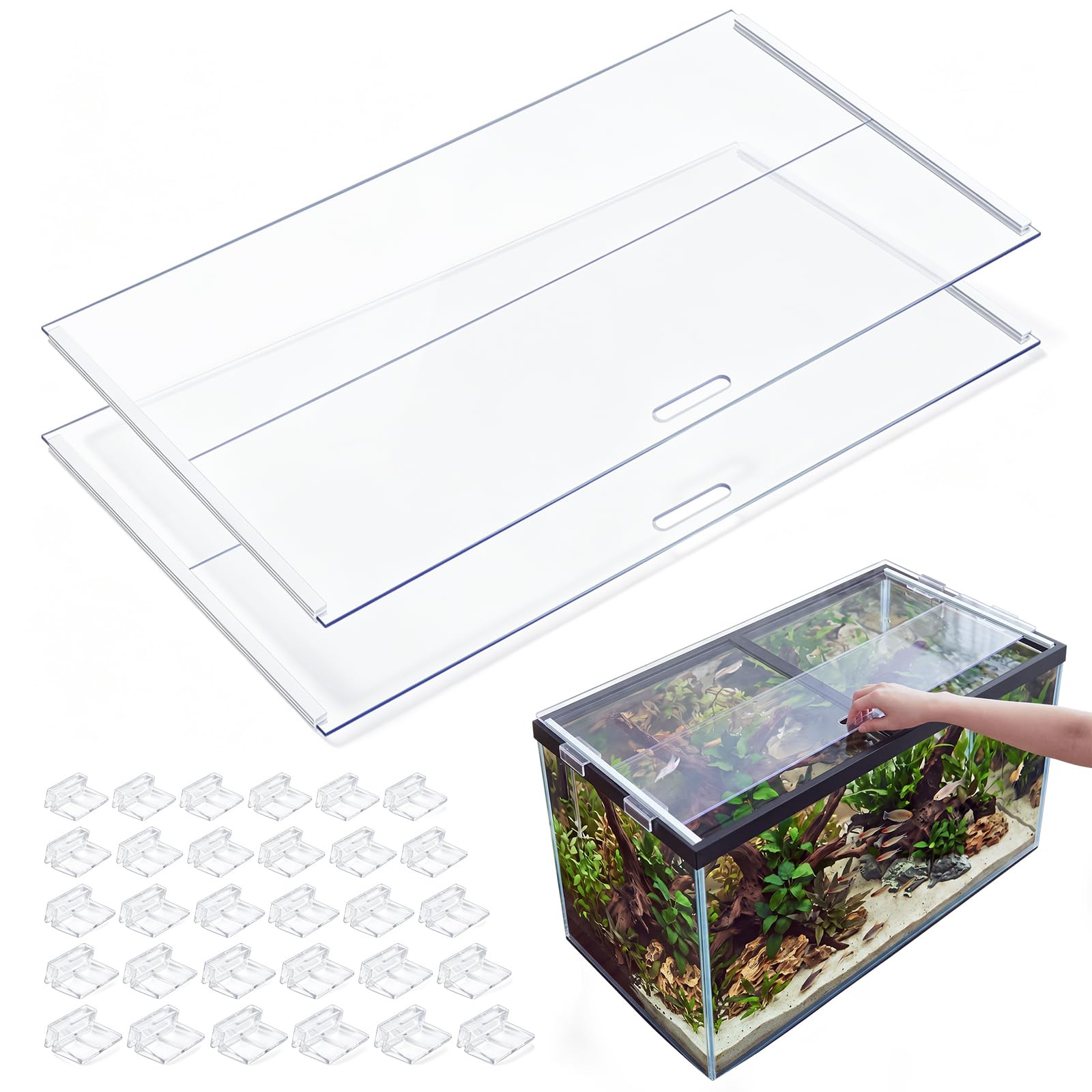 Sieral Lot de 2 couvercles d'aquarium en polycarbonate avec 30 clips de couvercle supérieur, couvercles d'aquarium 58 x 29 x 0,3 cm pour aquarium de 100,6 / 150 litres, version rail coulissant, avec