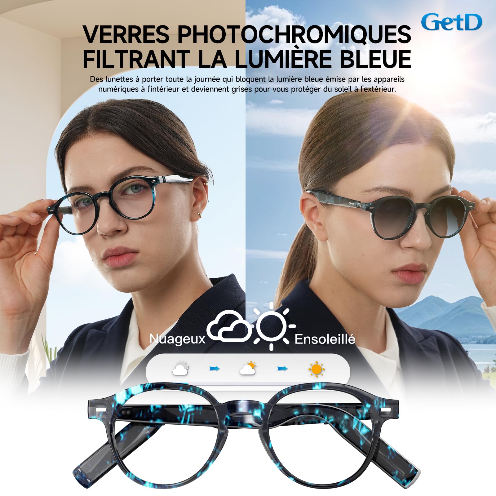 GetD Lunettes AI Intelligentes pour Hommes et Femmes, Lunettes Audio Bluetooth et Écouteurs à Oreilles Ouvertes et Assistant AI avec Traduction AI (Cadre Noir + Lentille Transparente)