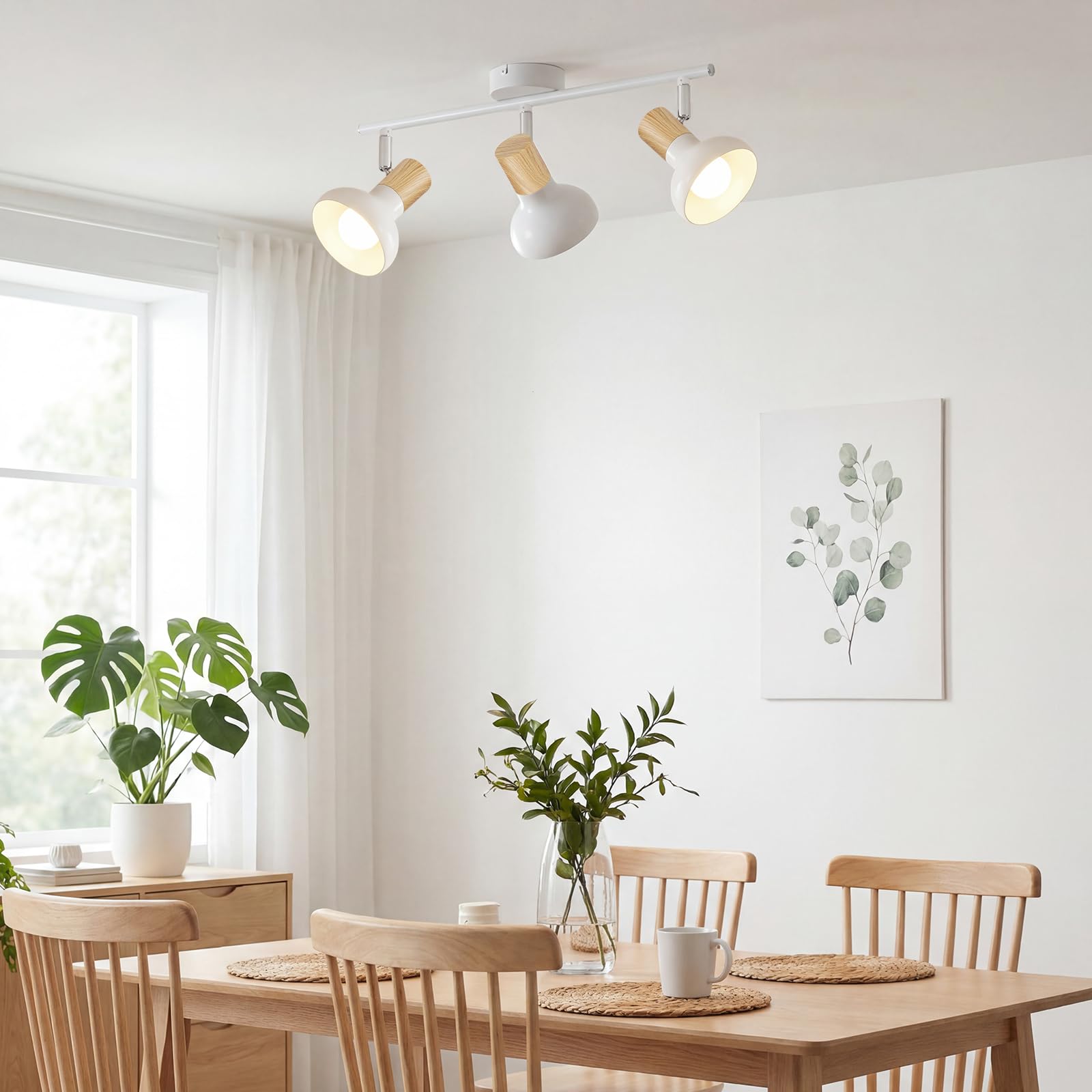 Lámpara de techo 3 focos vintage, blanca, industrial, ajustable | 350°, E14, para interior, sin bombillas