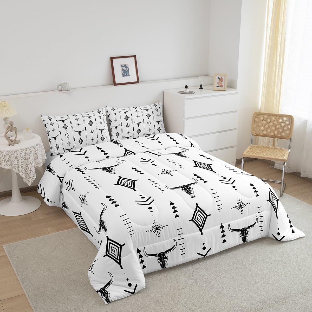 Erosebridal Western Aztec Comforter Set Queen Size Bull Skull Bedding Set for Teens Young Boho Cow Head Comforter Geometric Minimalist Art Bedroom Decor Abstract Horns Black White Duvet Quilt