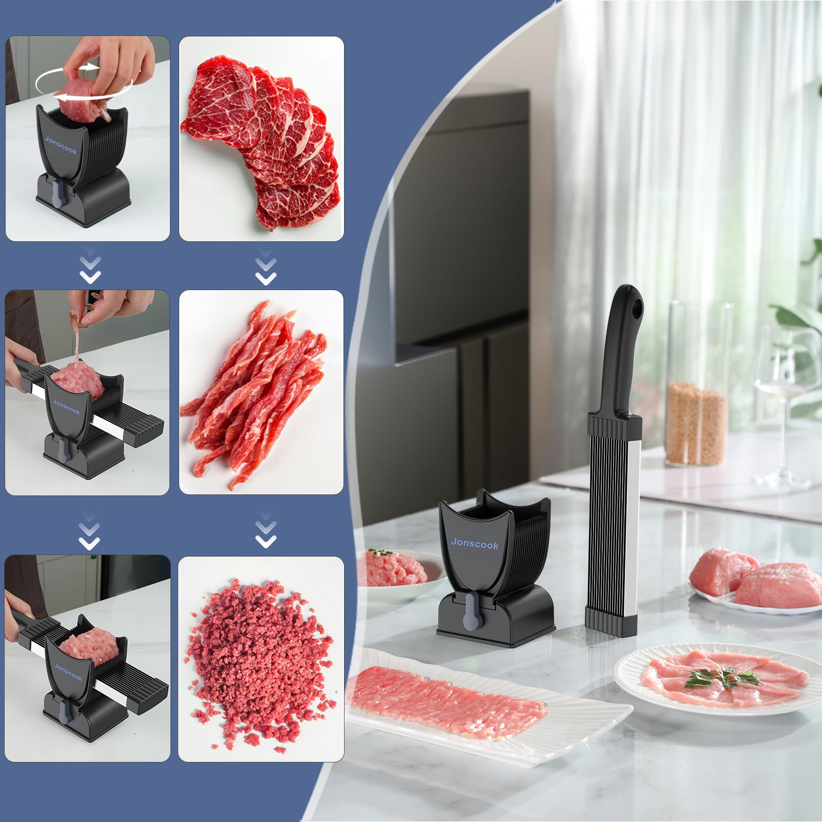 Frischfleischschneider, manueller Fleischschneider für frisches, rohes Fleisch, einstellbare Schnittstärke von 2 mm oder 4 mm, 17 Klingen für 18 Scheiben (Grau)