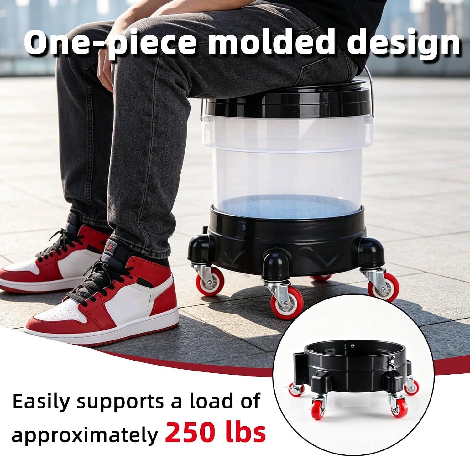 Car Wash Bucket Dolly with 5 Wheels 360°Swivel Casters 5 Gallon Bucket | 250 lb Capacity | Fits 3.5–5 Gallon Buckets