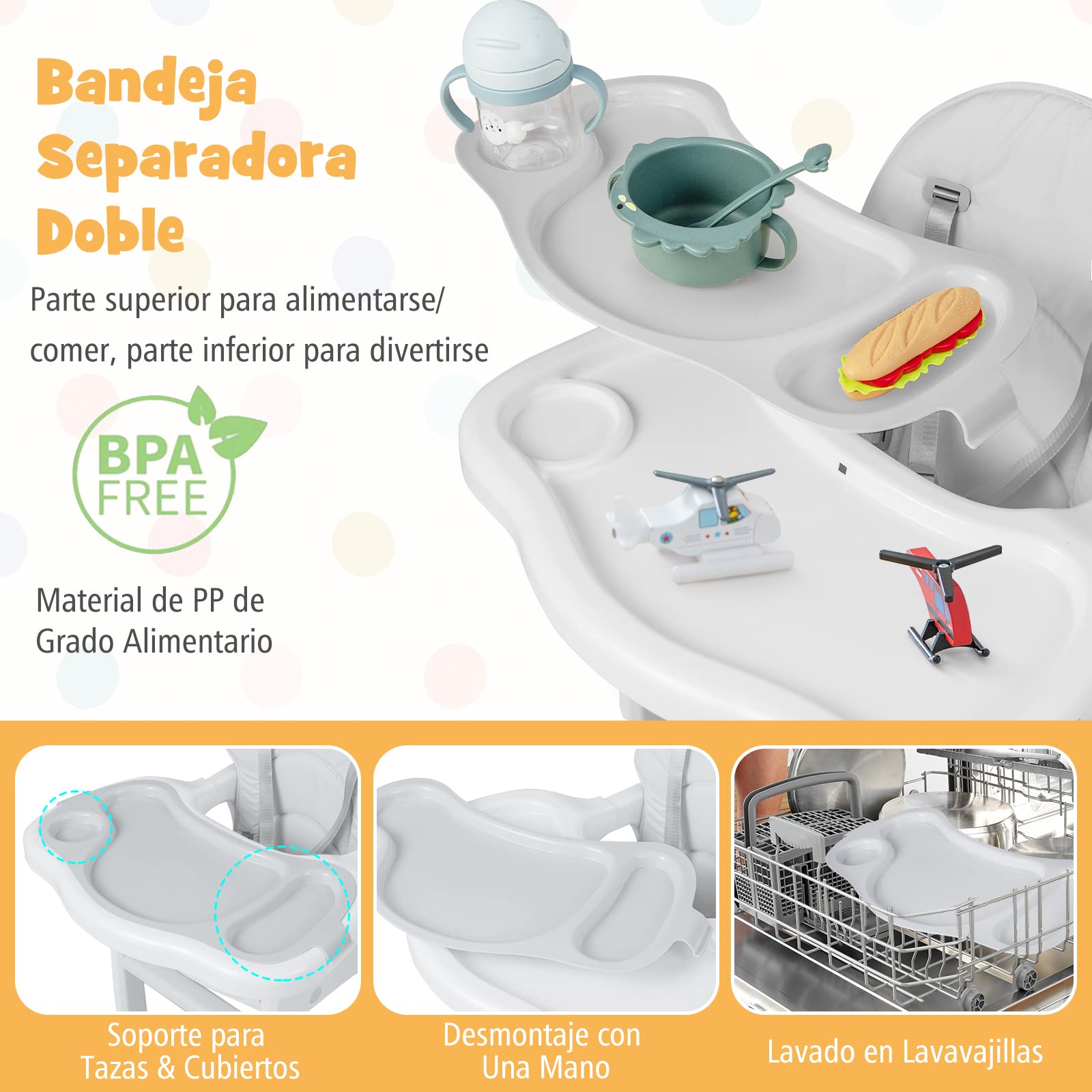 COSTWAY 5 en 1 Tronas de Bebe, Trona Portatil con 2 Bandeja Extraíble de 4 Posiciones, Cojín, Respaldo de 3 Niveles, Silla de Comer, Trona Evolutiva para 6-72 Meses