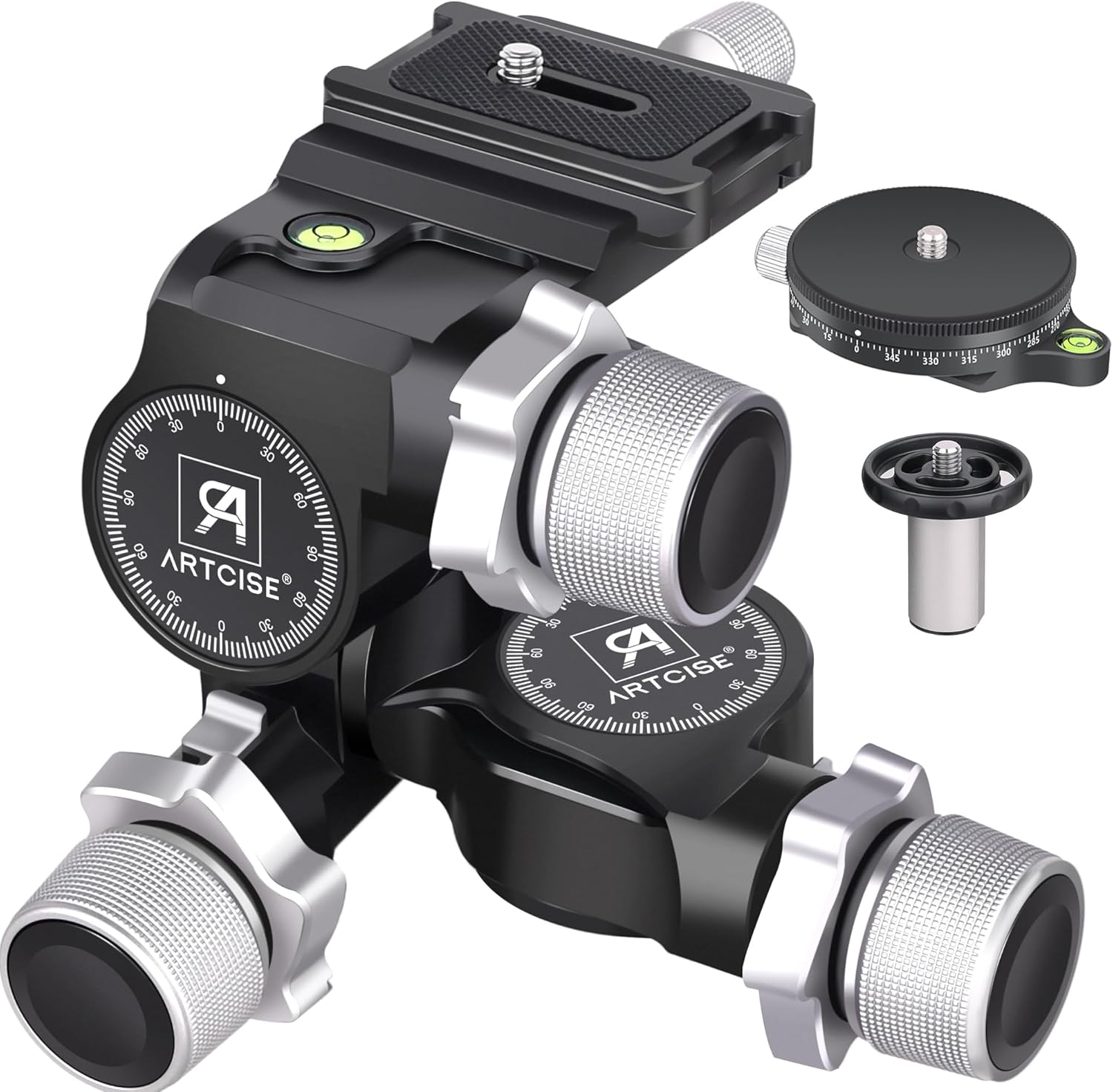 ARTCISE 3 Way Geared Tripod Head with Arca Type QR Plate and 360° Panoramic Arca Type QR Plate