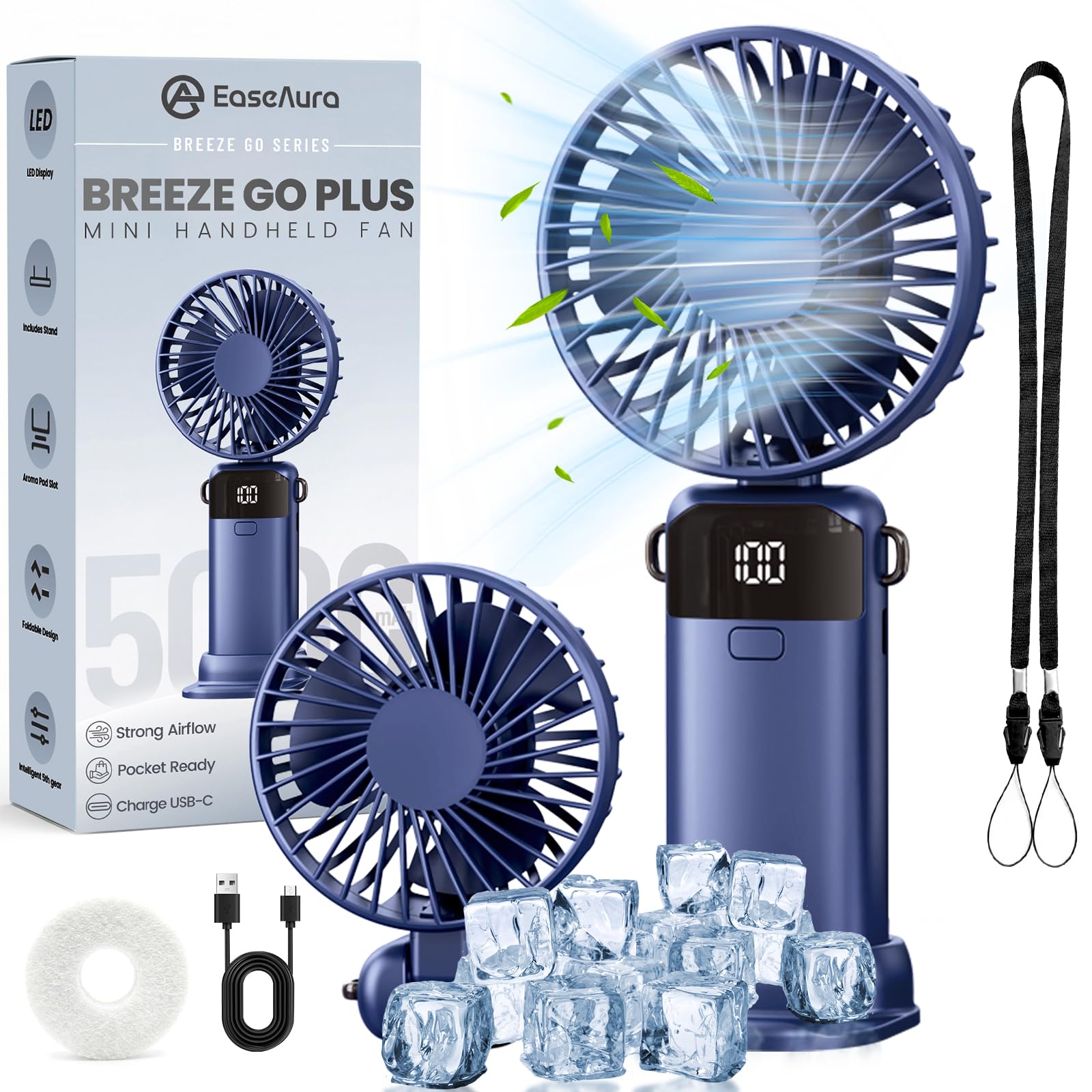 EaseAura® Handheld Fan, Hand Held Fans Rechargeable with 5000mAh Battery, Mini Portable Fan with 5-Speed, USB Electric Personal Fan with LED Display, Small Foldable Travel Fan with Stand,Auto Shut-Off