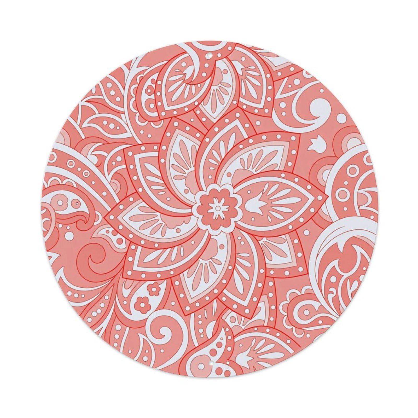 Floral Mandala Pattern With Swirls And Dots Round Vintage Tin Sign,Retro Wall Art,Metal Poster for Home, Bar, Garage, Cafe, Rustic Indoor & Outdoor Decor, 8x8 Inches