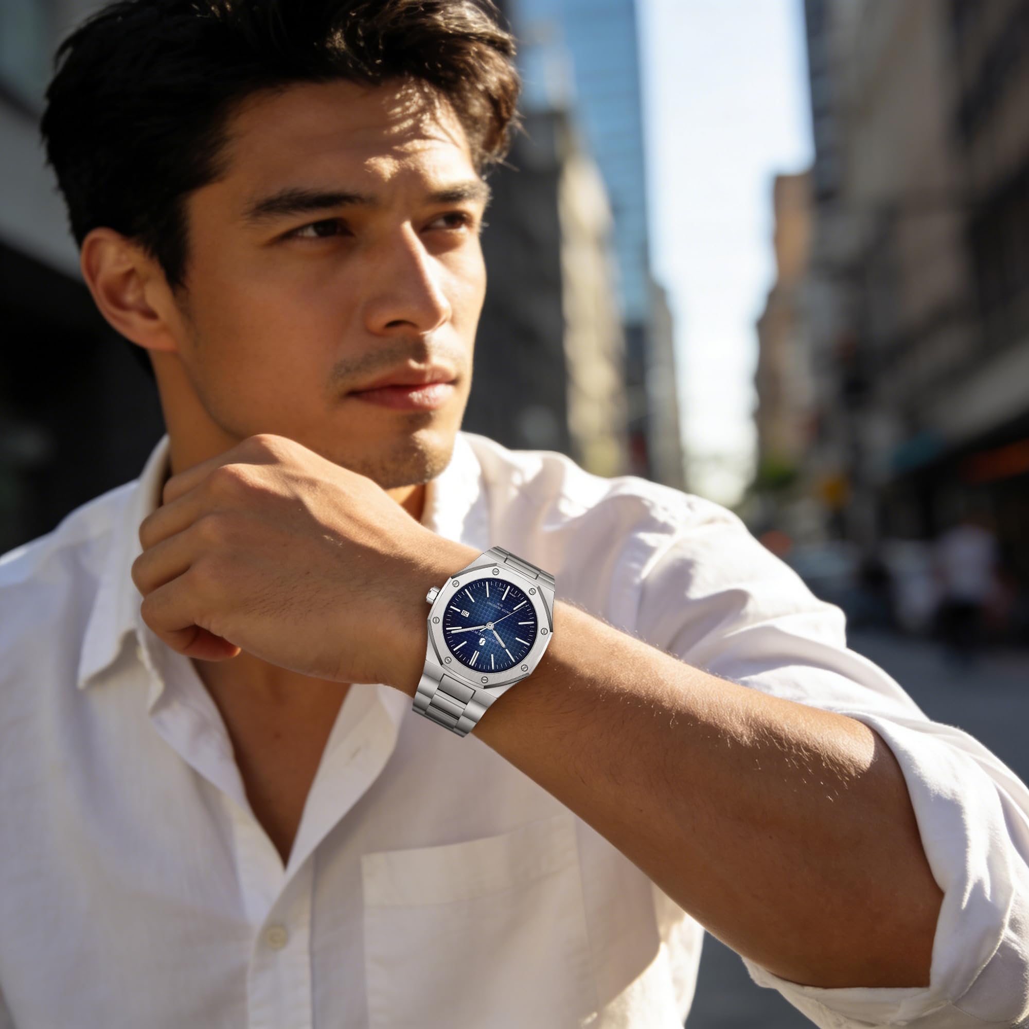 SAPPHERO Orologio Uomo Impermeabile 50M Al Quarzo Argento Cinturino Acciaio Inox Data Calendario Nero Blu Uomini Orologi Regali da Polso per gli Uomini