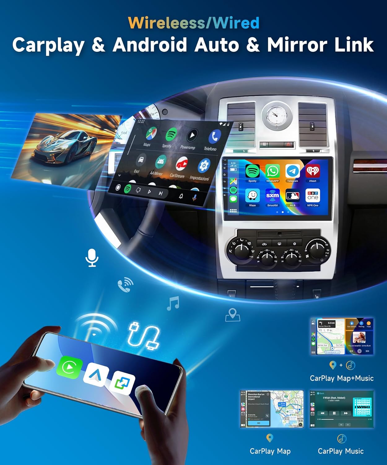 2+64G Car Radio Stereo for Chrysler 300 300C 2004-2011 with Wireless Carplay/Android Auto,Android Car Stereo 9“ Touch Screen GPS Navigation DSP WiFi Bluetooth FM/RDS Mirror Link SWC+Backup Camera