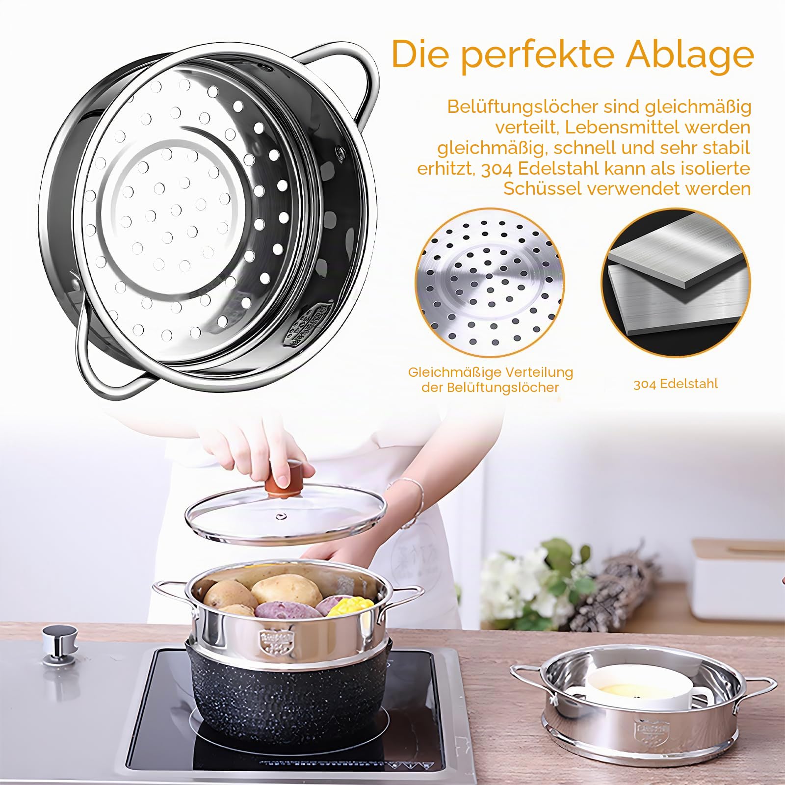 Kleiner Dampfgarer,Edelstahl Dampfgarer DäMpfeinsatz füR KochtöPfe,Topf-Dampfeinsatz,Dampfgitter,Innendurchmesser 20 Cm,Gebildet Vom Nahrungsmittelgrad 304 Edelstahl, Olid und Haltbares Gemacht