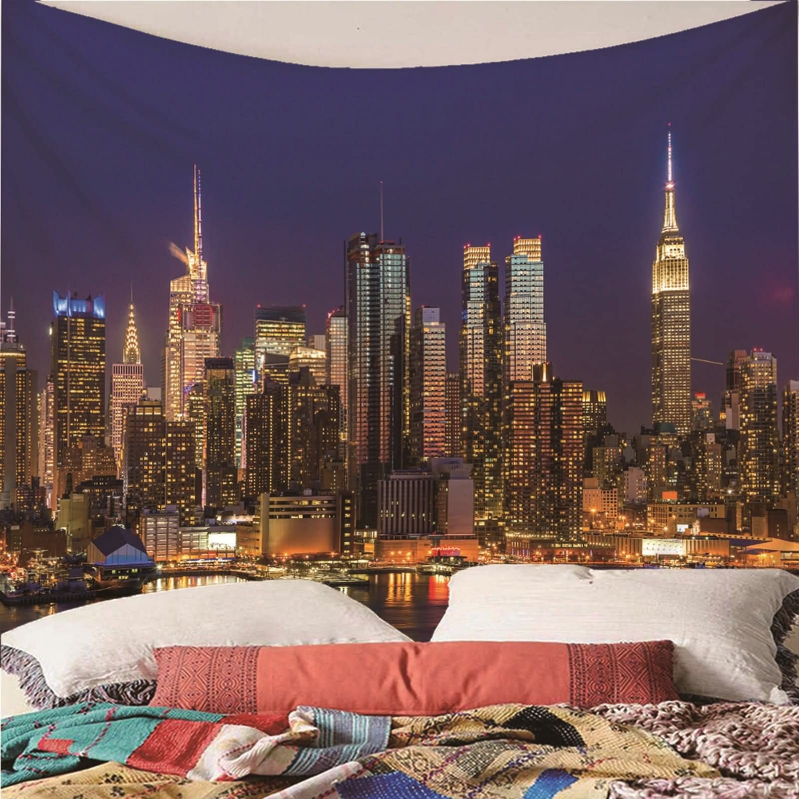 Tapiz Tela Pared Grande, Decoración Pared Grande Paisaje de La Ciudad de Noche Poliéster Vistoso 350x256CM