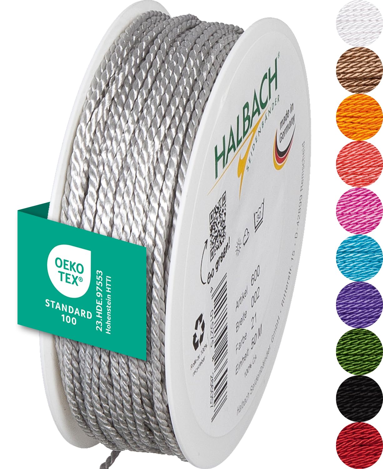 Halbach Seidenbänder Premium Kordel (hellgrau) | Breite 2mm Länge 50m | Made in Germany & Öko-Tex Zertifiziert | glänzende Satinkordel aus Acetat