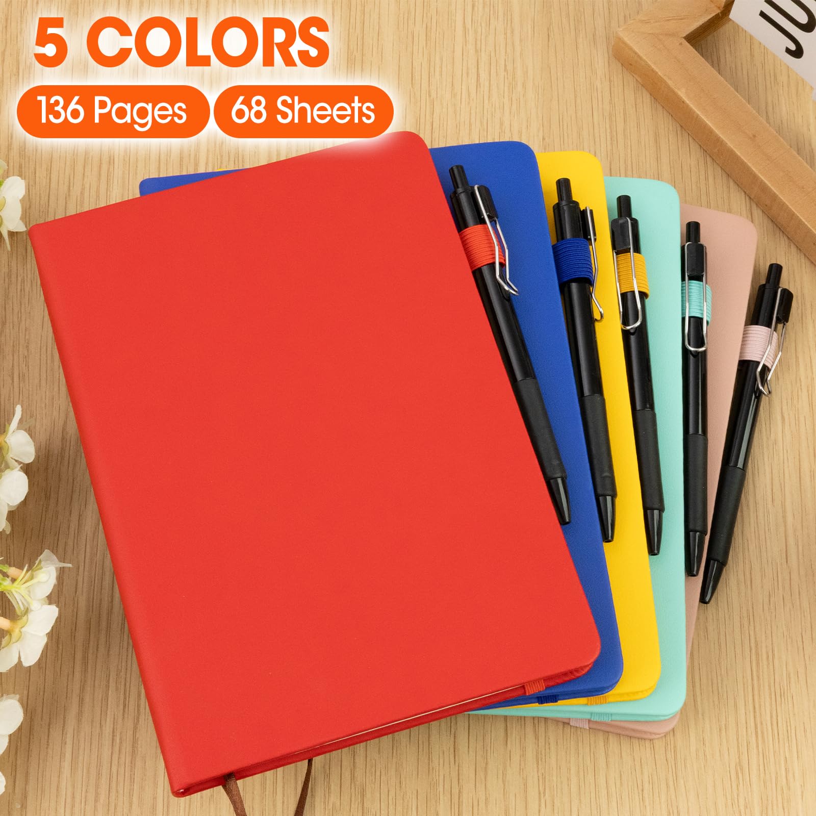 Confezione da 20 quaderni a righe con penna, formato A5, copertina rigida in pelle, 14 x 21,1 cm, 5 colori, 136 pagine, set di quaderni a righe e penna, per ufficio, scuola, lavoro