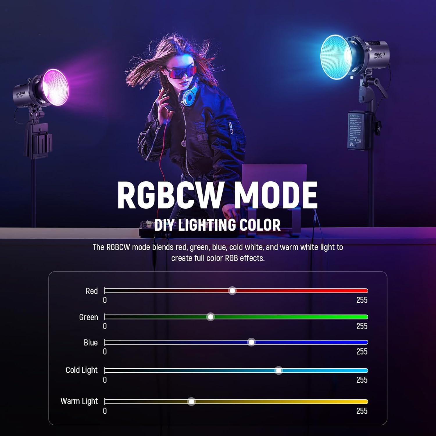 NEEWER MS60C RGBWW LED Video Light 2.4G/APP Control, 65W Mini RGB COB Continuous Output Lighting, 2700K-6500K 8300lux/1m CRI97+ 17 Effects, Bowens Handheld Spotlight for Studio Photography Recording