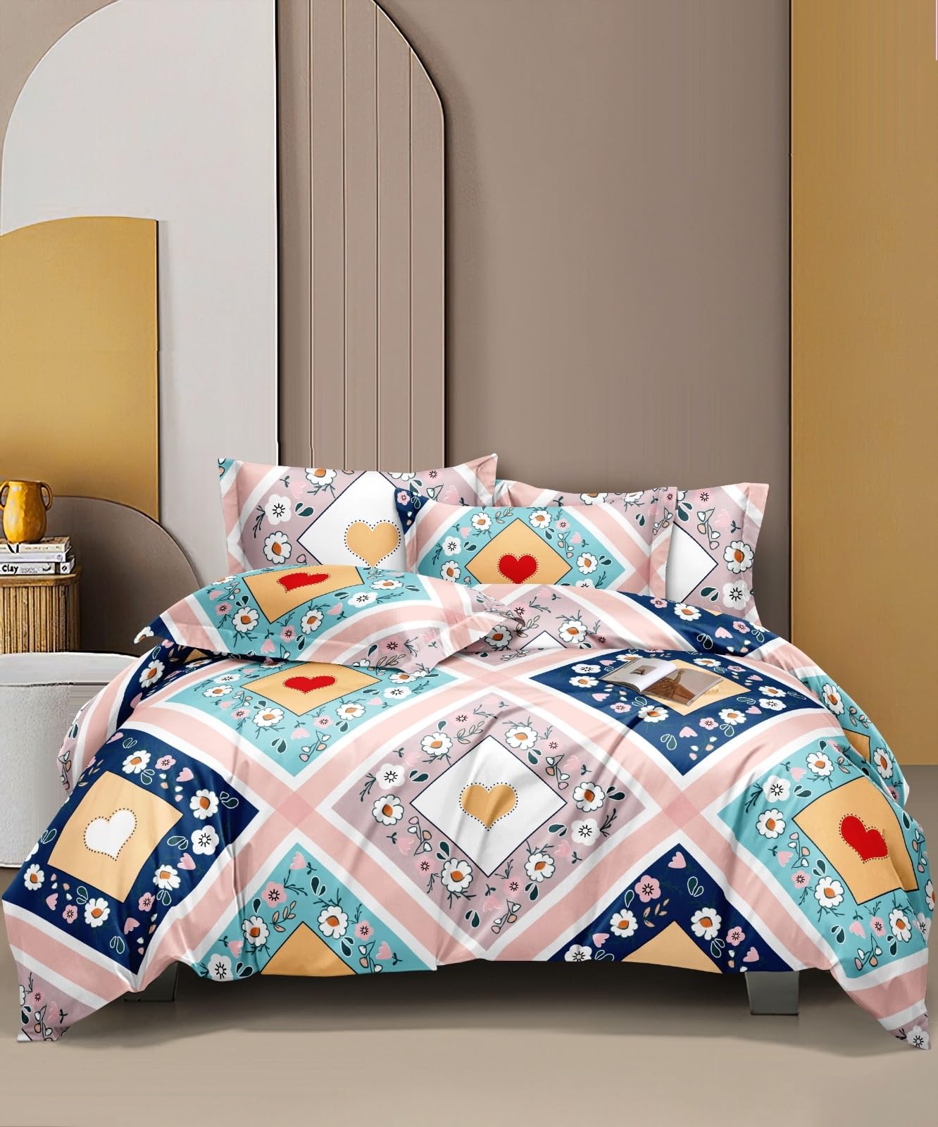 THE HOME STYLE Supersoft Glace Cotton 350 TC Elastic Fitted All Around King Size Printed Double Bedsheet With 2 Pillow Cover & King Size Comforter/Duvet/Blanket (72"X78" + Comforter, Rose Gold)