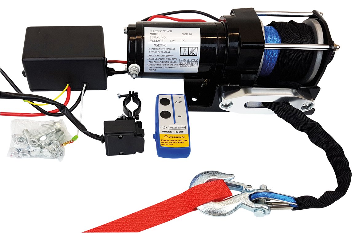 Berger & Schröter | 12V Seilwinde mit Funkfernbedienung, 2722 kg Zugkraft, Synthetikseil 12 m, für Quad, ATV, 4x4 und Nutzfahrzeuge, mit Freilauf, automatischer Bremse & Alu-Seilfenster