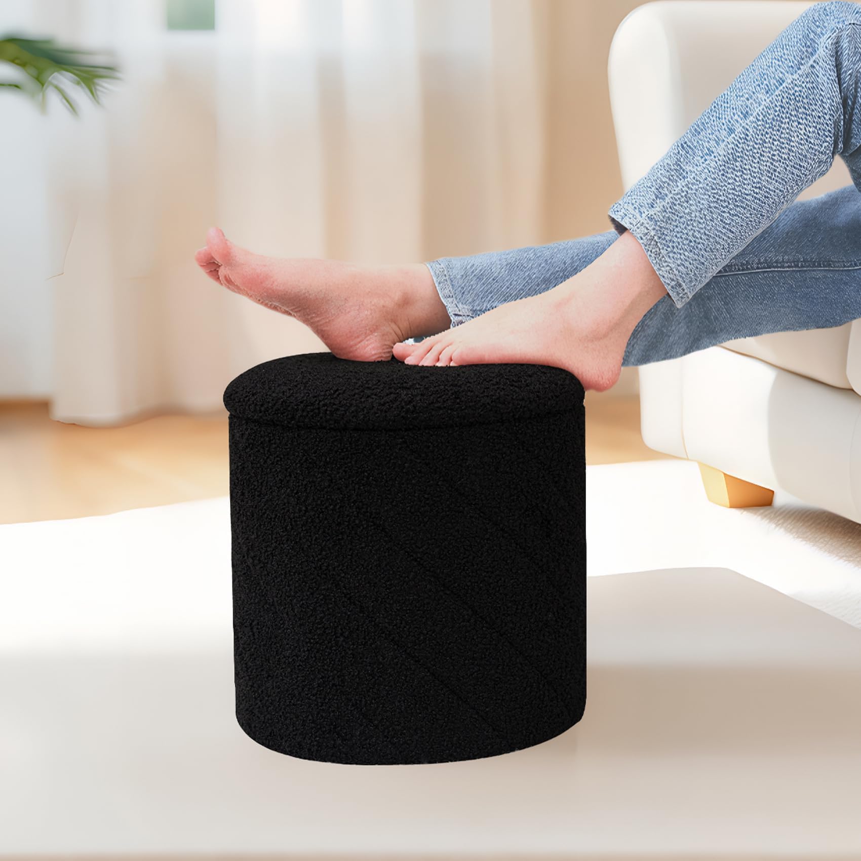 PINPLUS Pouf Contenitore Rotondo Pieghevole, in Teddy Bouclé, con Coperchio Ribaltabile come Tavolino, per Soggiorno e Camera, Ø 33 x 35 cm, Nero