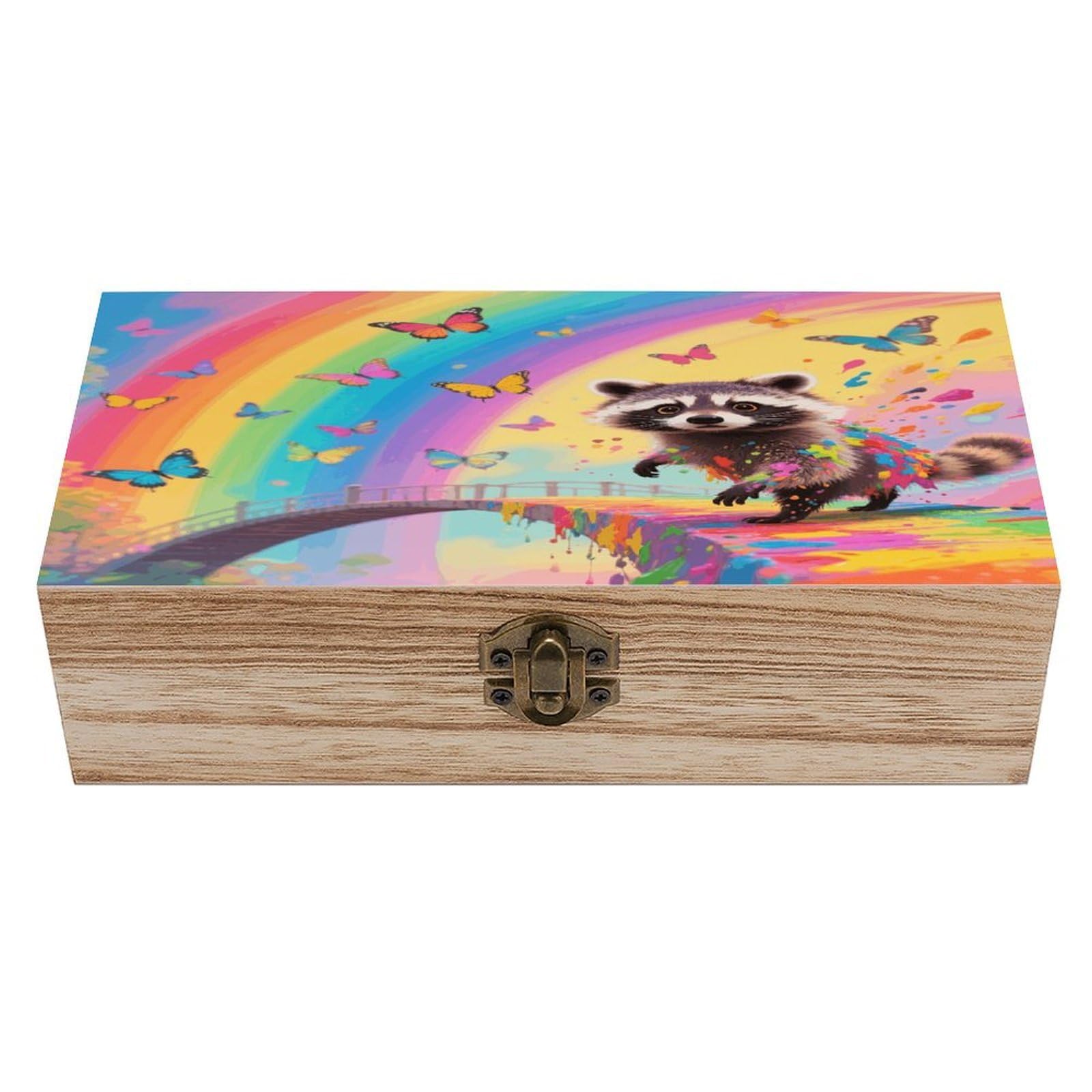 VstaDank Rainbow Bridge Raccoon Wooden Storage Box Vintage Style Wooden Storage Case with A Hinged Lid Memory Treasure Boxes Decorative Jewelny Photos for Organizer 7.9 * 3.7 * 2.3 Inch